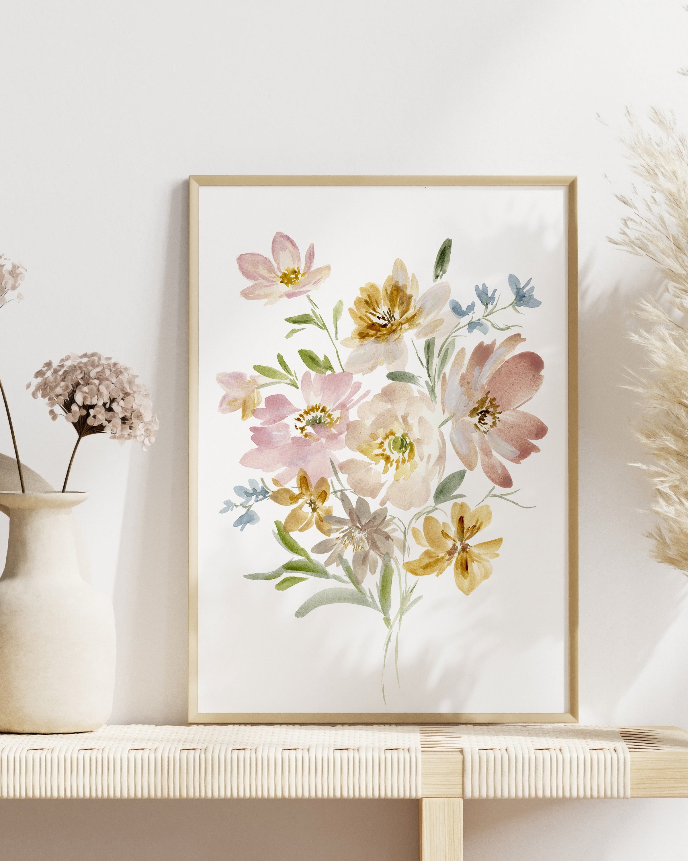 Close-up of Sunlit Harmony watercolor showing detailed golden trees and reflections with luminous artistic technique