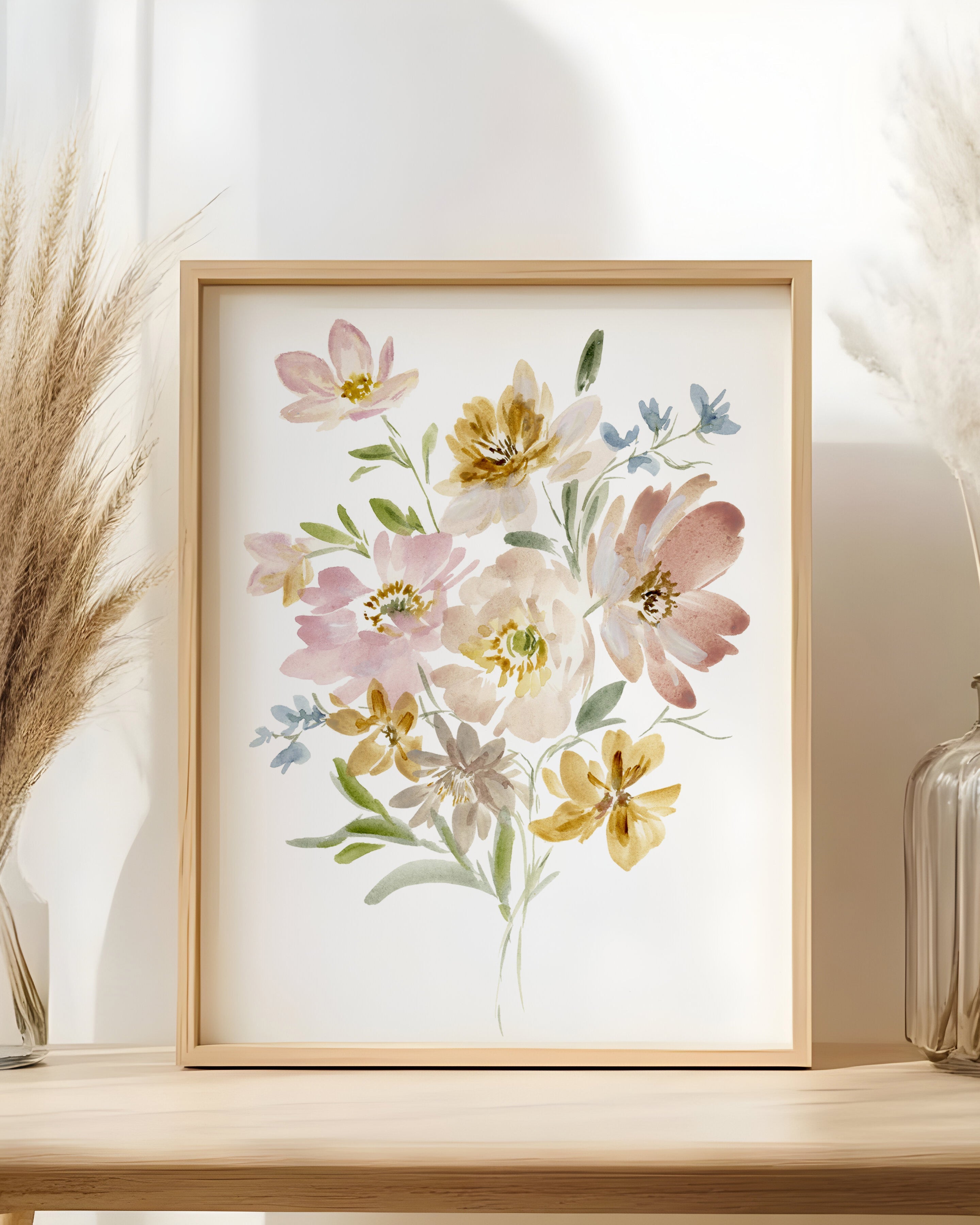 Framed Sunlit Harmony print showcased against neutral wall in contemporary home setting with complementary decor