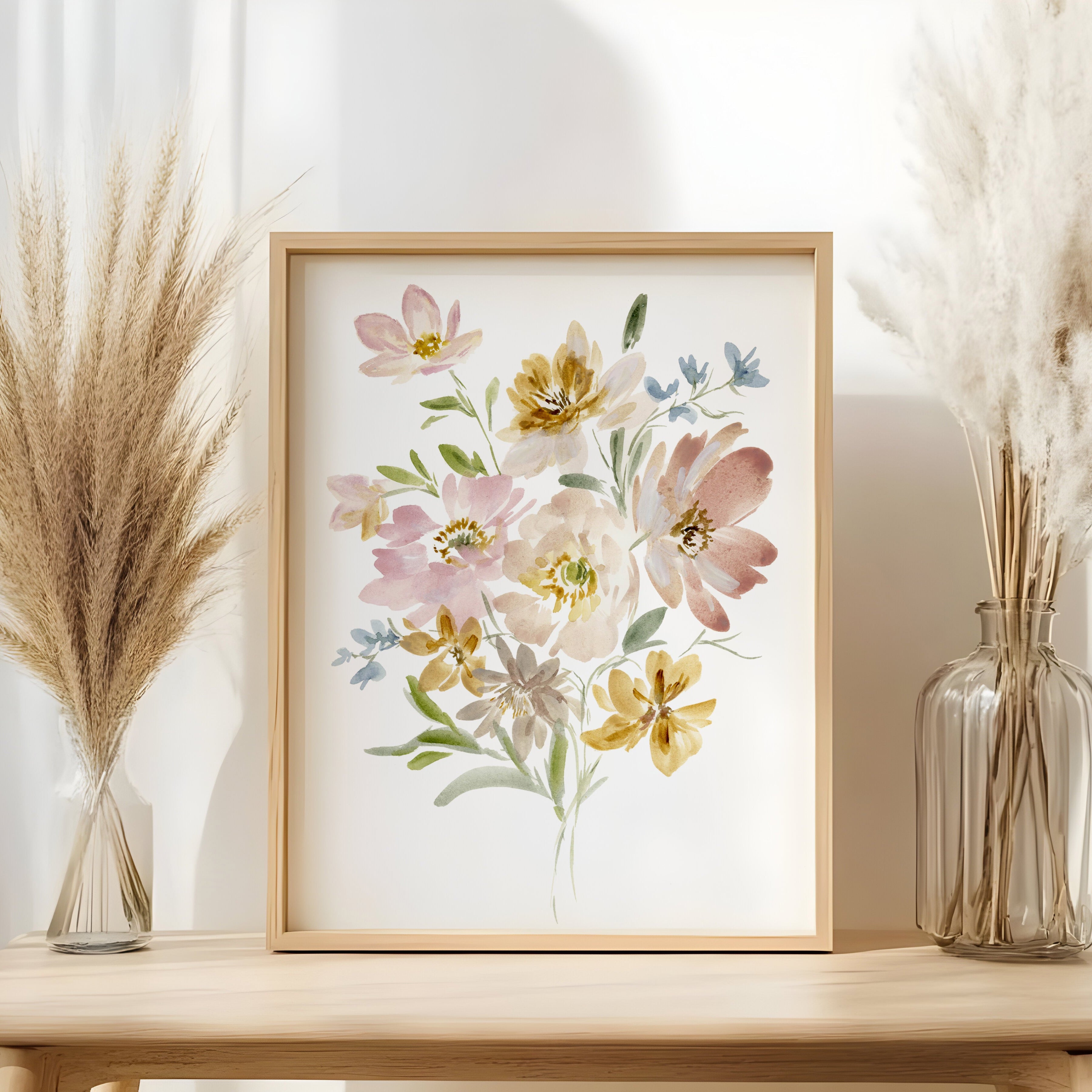 Framed Sunlit Harmony print showcased against neutral wall in contemporary home setting with complementary decor