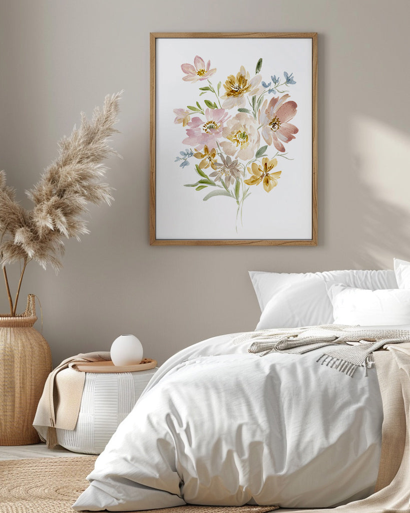 Sunlit Harmony print displayed in white frame on shelf with decorative items showing warm golden landscape colors