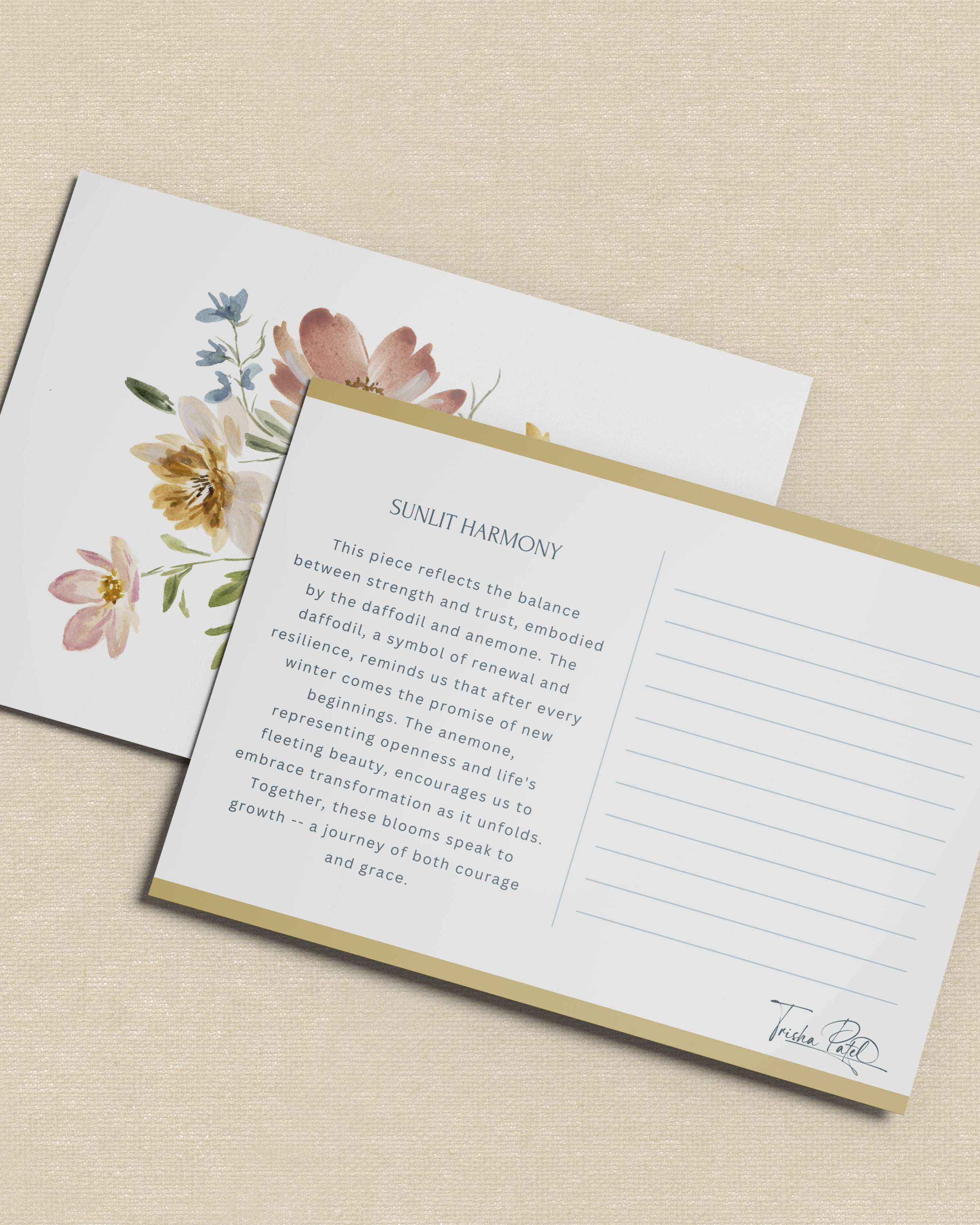 Postcard of Original Sunlit Harmony watercolor landscape featuring golden trees and peaceful water reflections in warm light