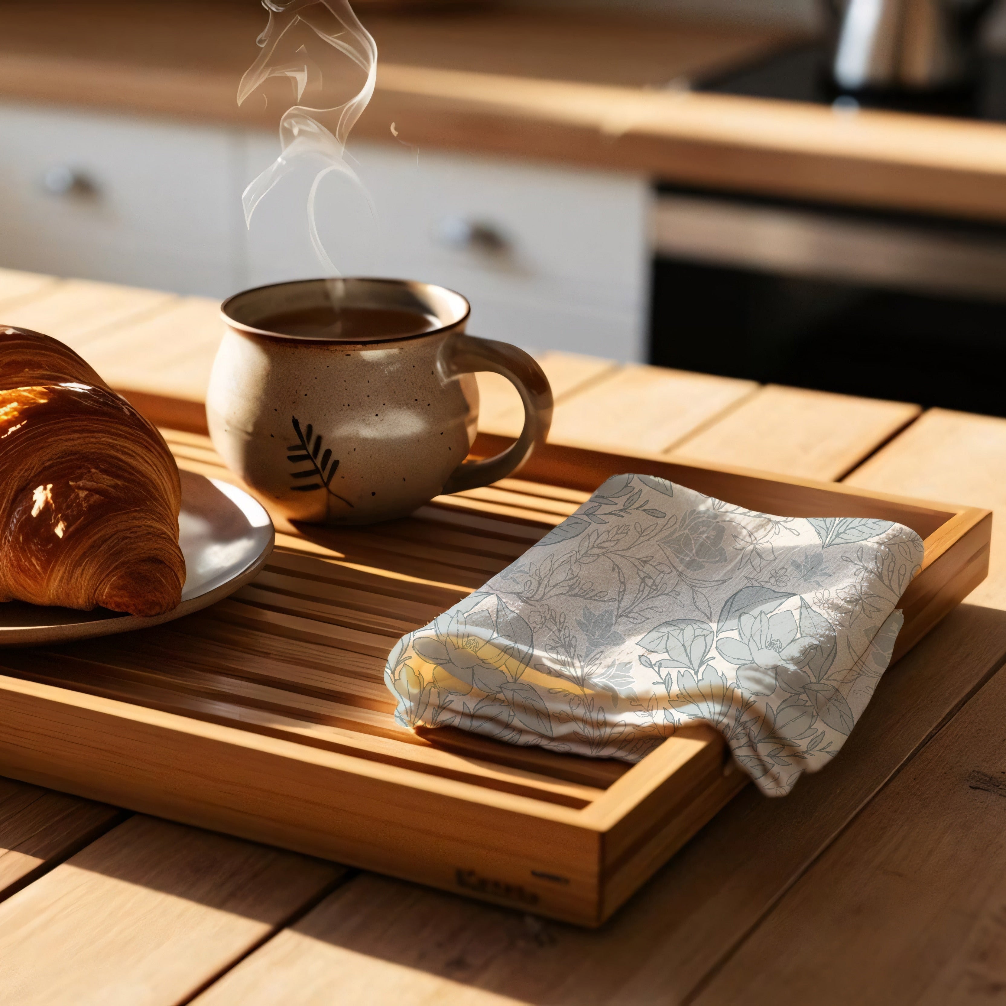 Magnolia tea towel on serving tray