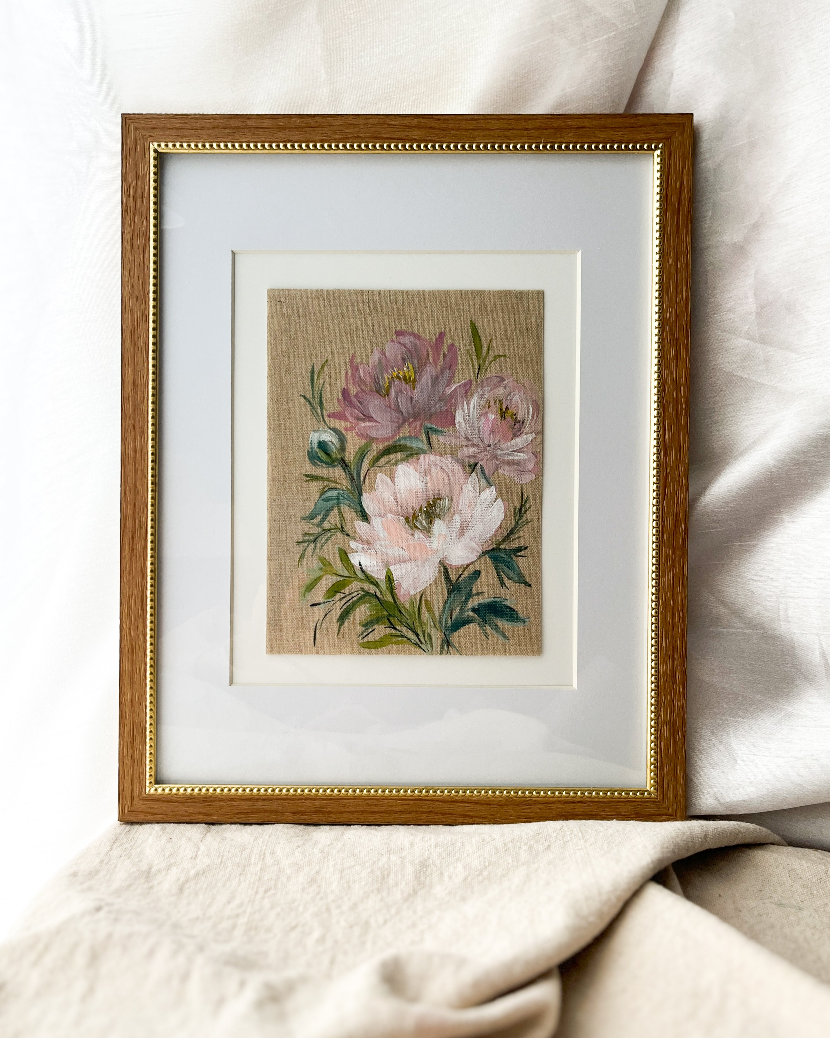 Unfolding Grace by Trisha Patel displayed in elegant home décor, framed peony watercolor botanical wall art