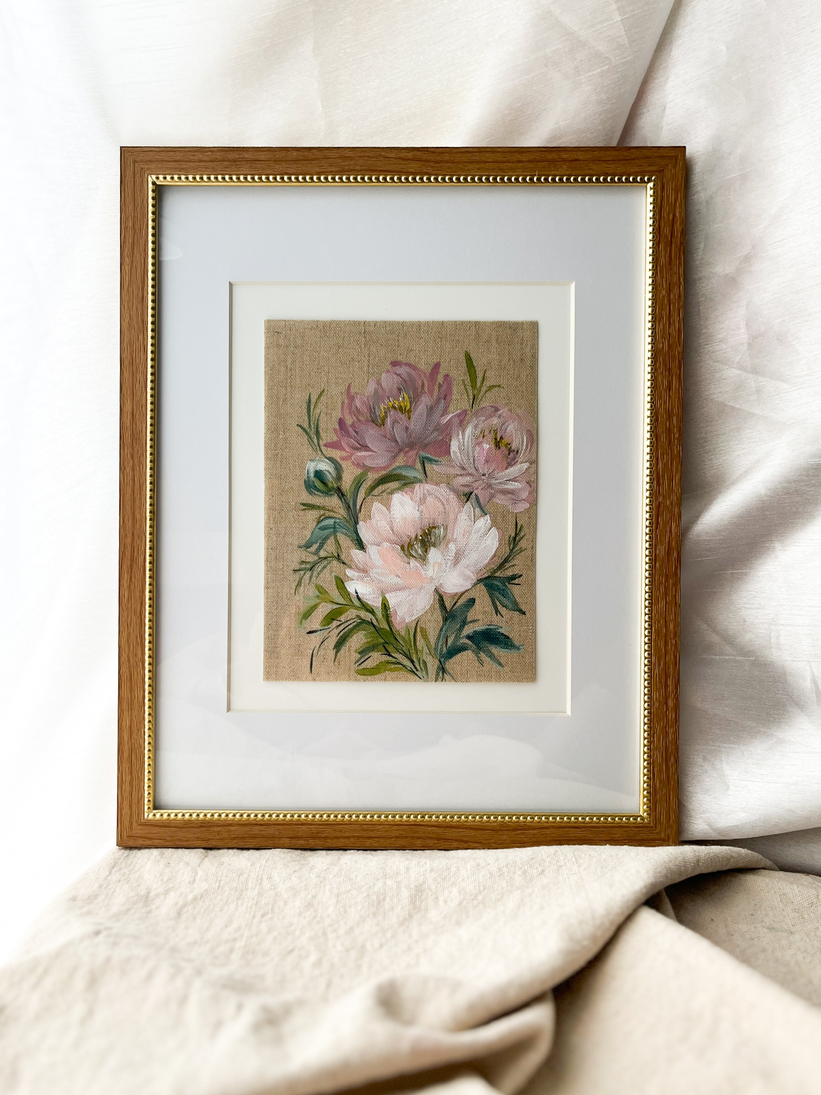 Unfolding Grace by Trisha Patel displayed in elegant home décor, framed peony watercolor botanical wall art