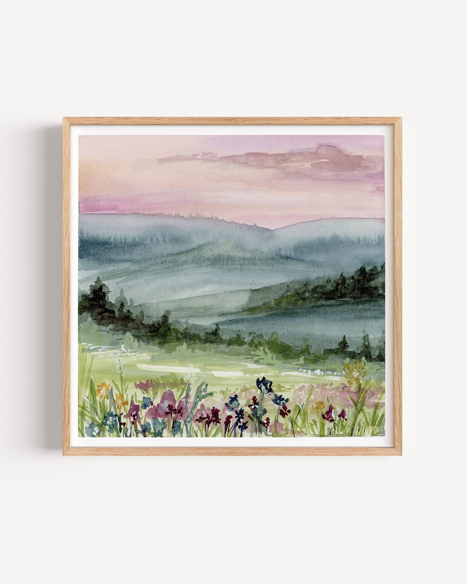 Serene watercolor landscape with soft pink and purple dawn sky reflecting on calm water with silhouetted trees