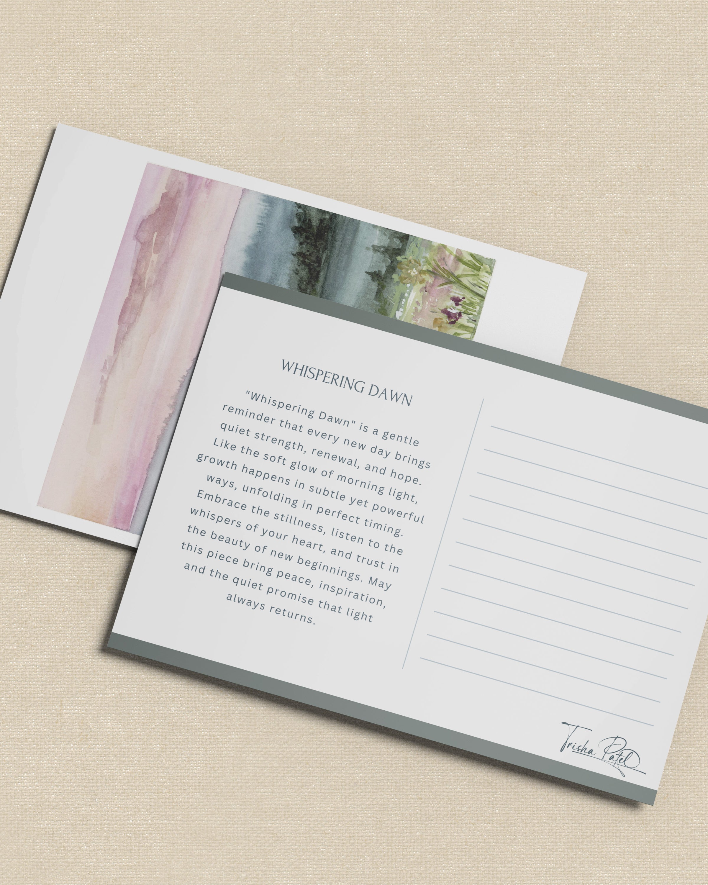 postcard with Close-up detail of Whispering Dawn watercolor showing delicate brushwork of pink sky reflecting on still morning water