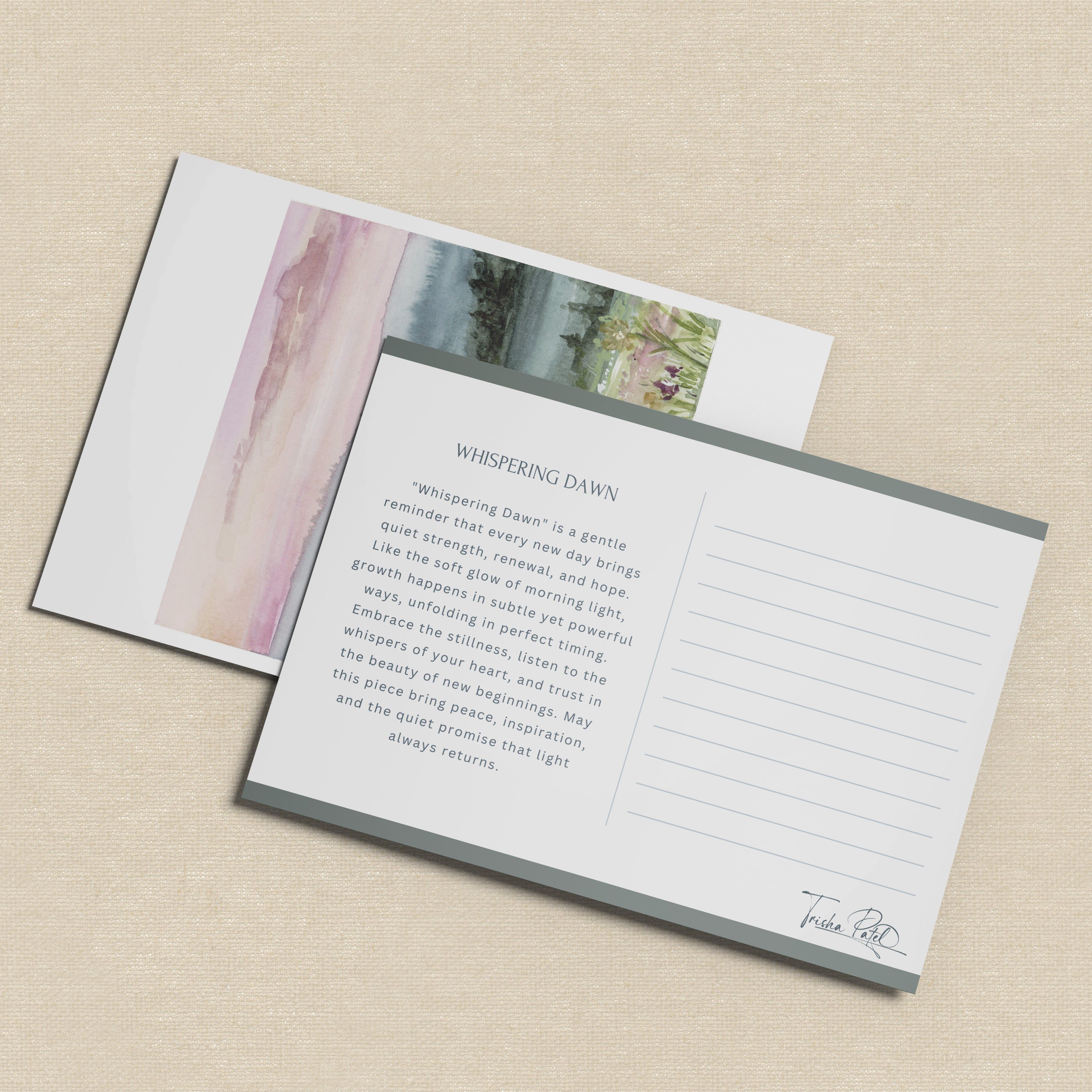 postcard with Close-up detail of Whispering Dawn watercolor showing delicate brushwork of pink sky reflecting on still morning water