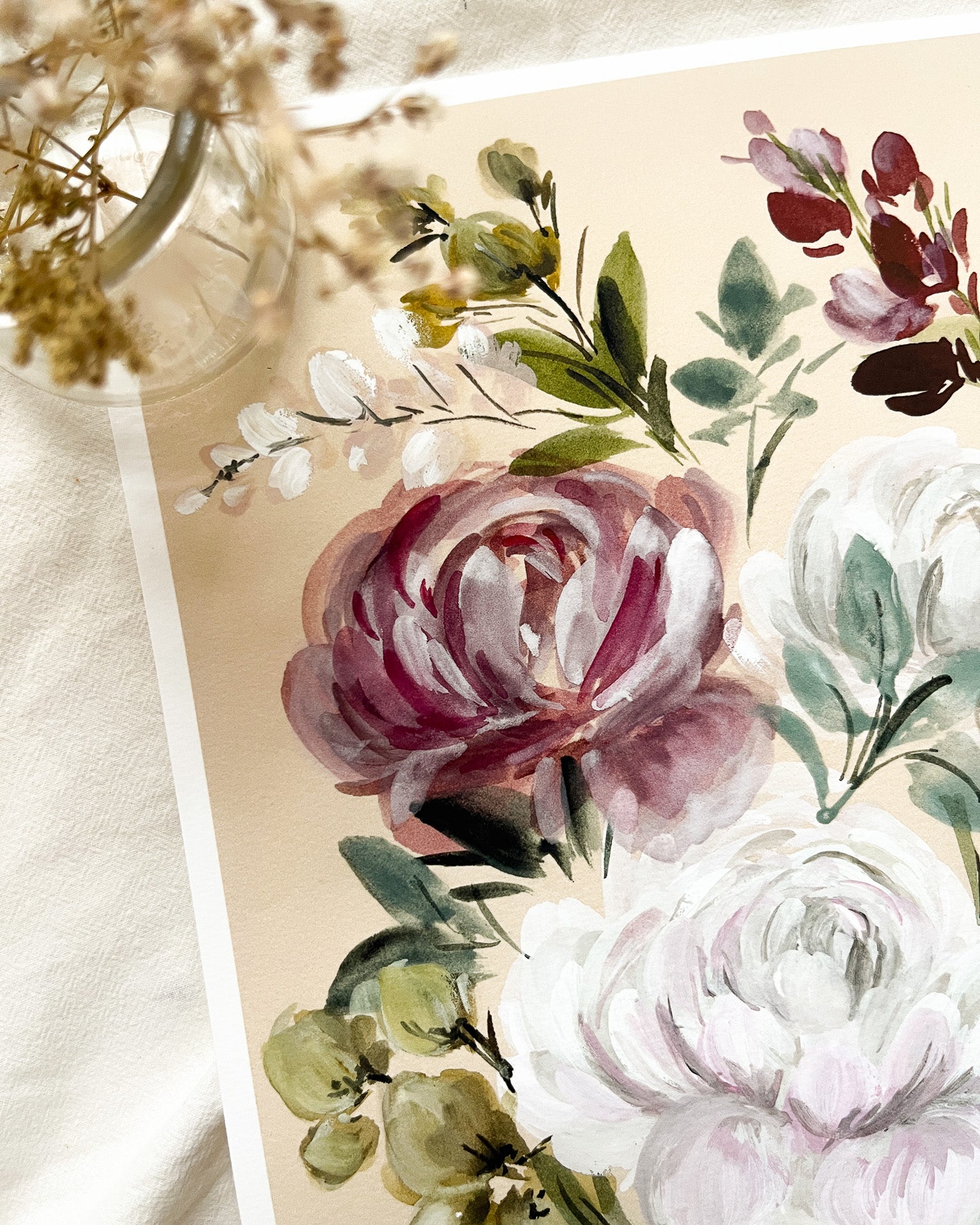 Floral painting with pink and white flowers on a beige background