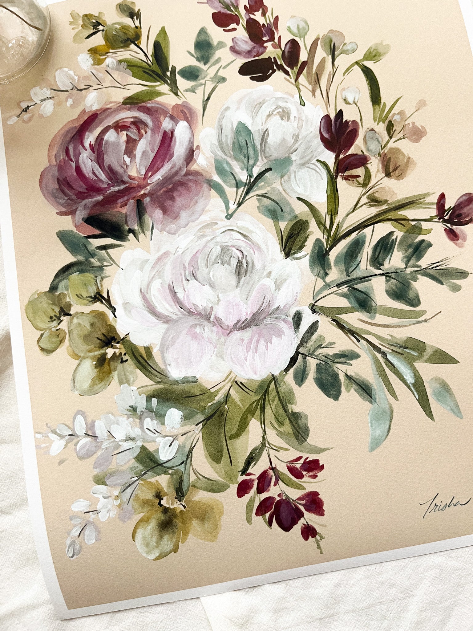 Floral painting with roses and greenery on a beige background