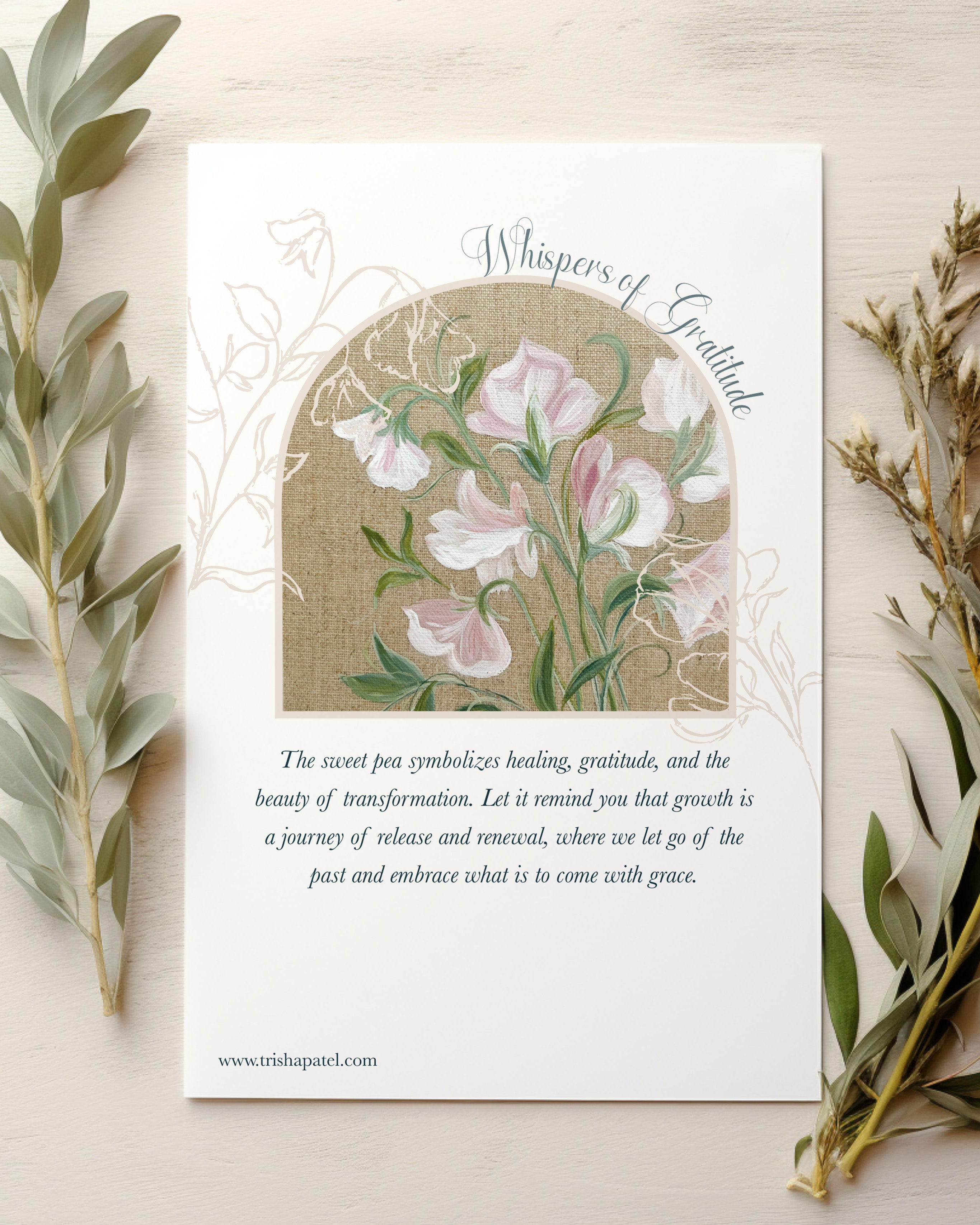 Sweet pea flower watercolor in soft purple tones symbolizing gratitude, kindness and emotional healing with text of symbolism