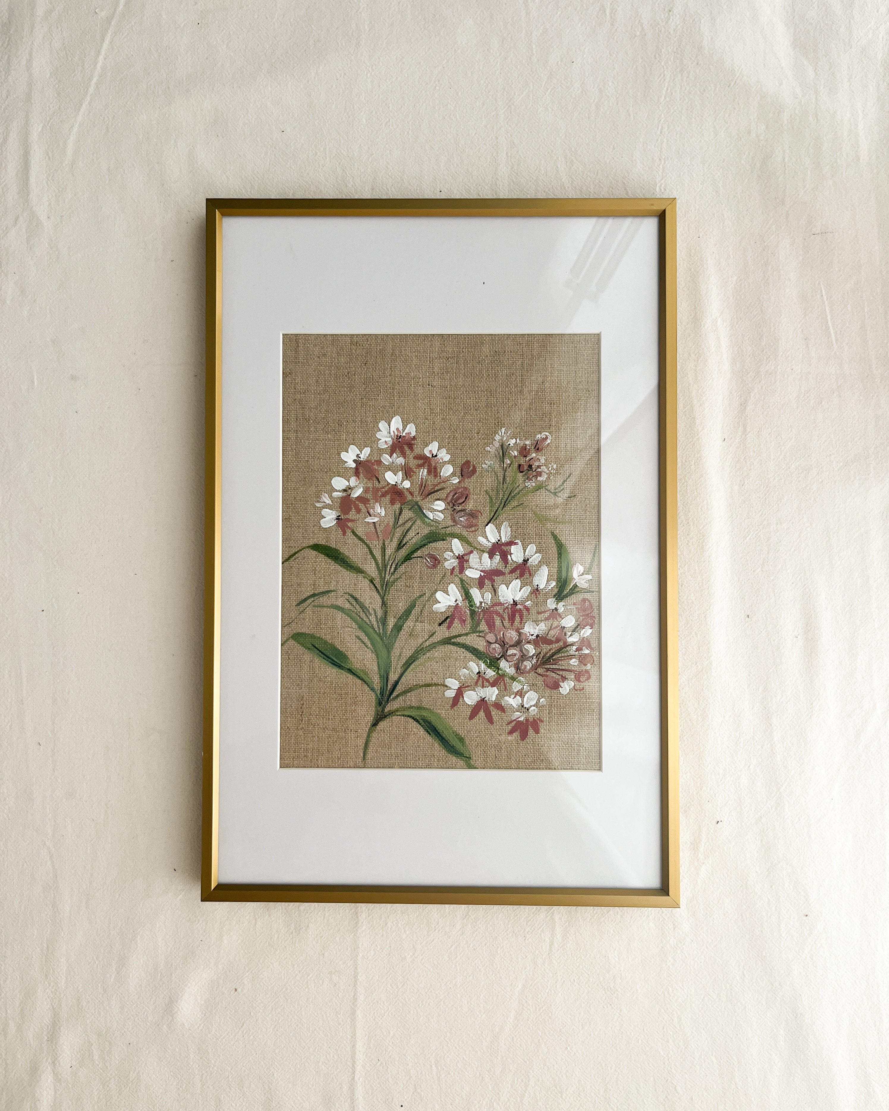 Wings of Change botanical watercolor art by Trisha Patel displayed in sleek gold metal frame with durable glass, modern wall décor symbolizing renewal and resilience