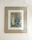 Ascending Beauty by Trisha Patel, framed original watercolor painting of blue and white delphinium flowers symbolizing openness, joy, and meaningful connections, botanical wall art