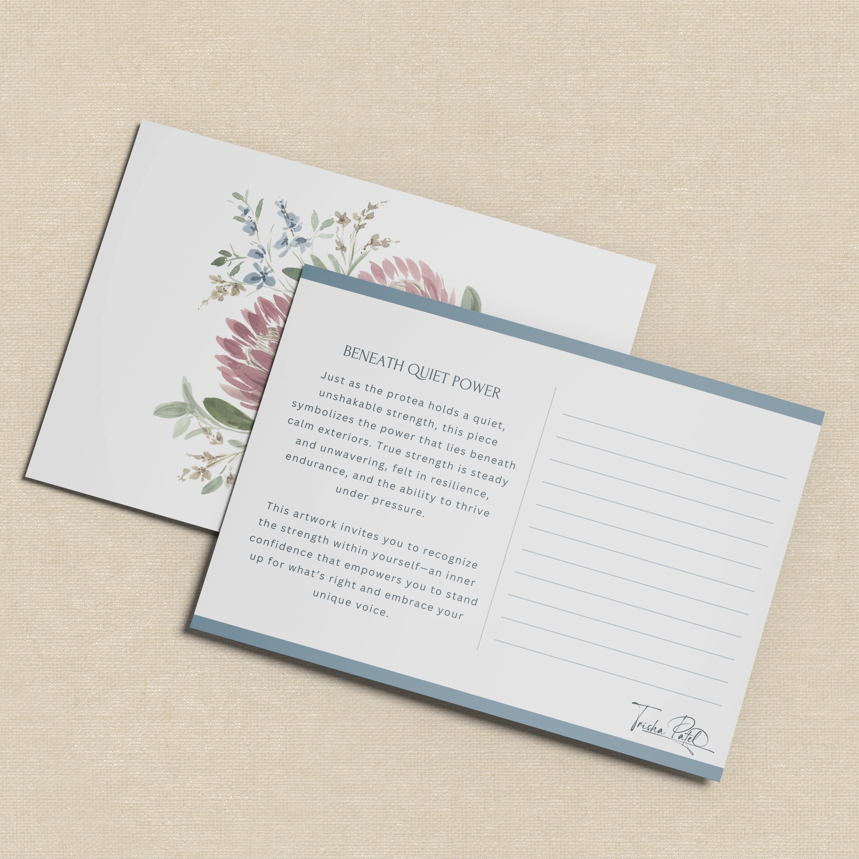 Postcard with serene watercolor with pink and blue flowers reflecting subtle light symbolizing inner strength in elegant frame