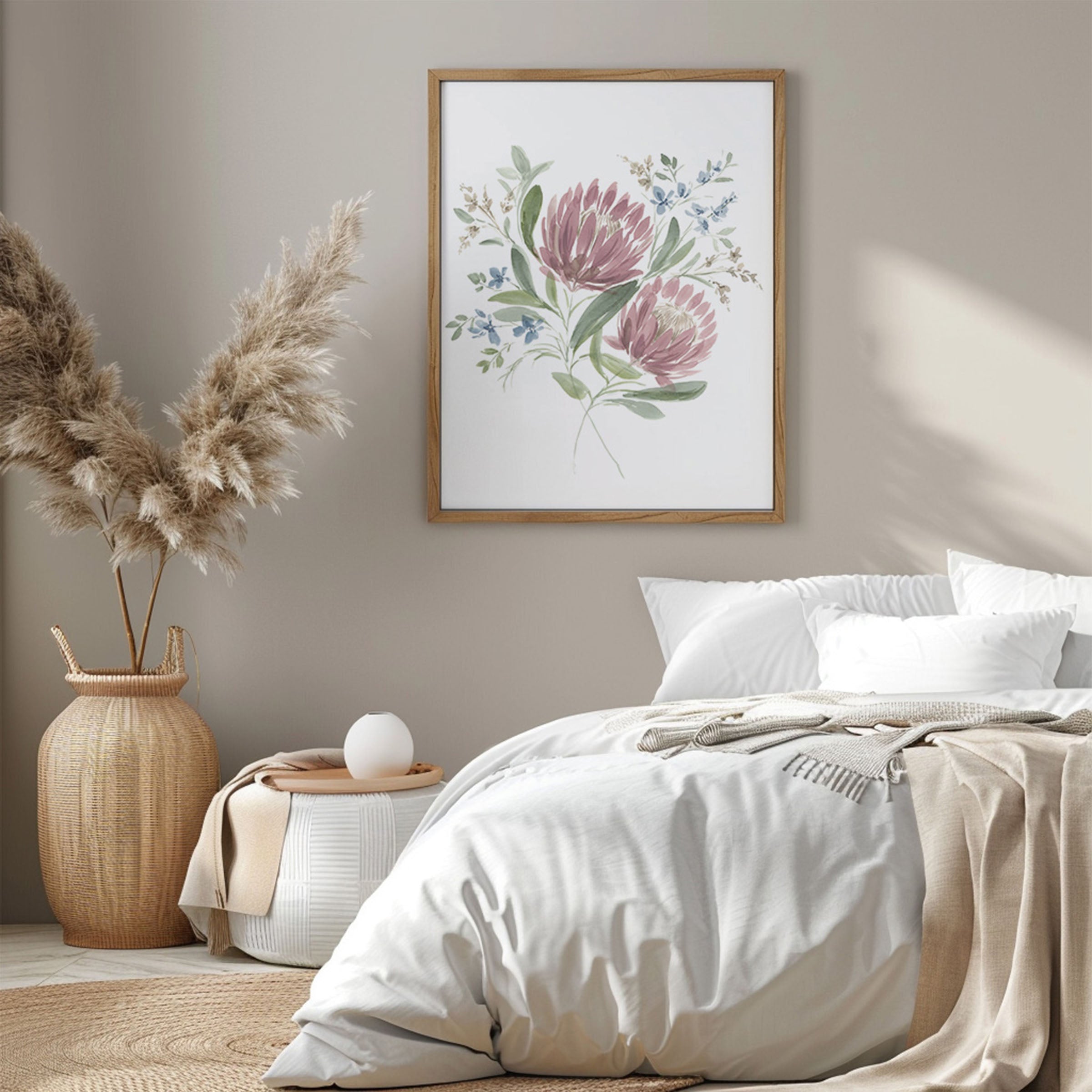 Serene watercolor with pink and blue flowers reflecting subtle light symbolizing inner strength in elegant frame