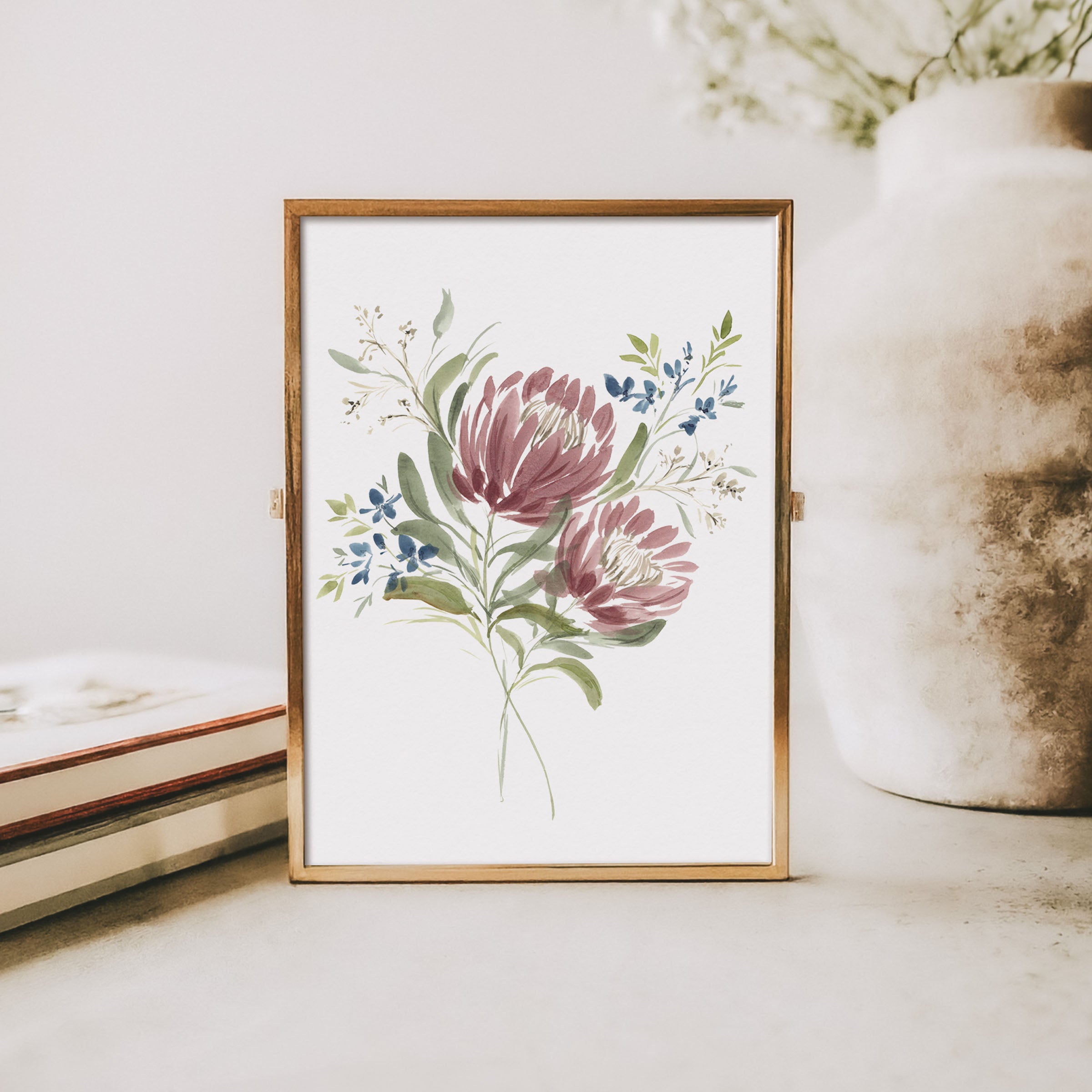Serene watercolor pink and blue flower elegant framed print