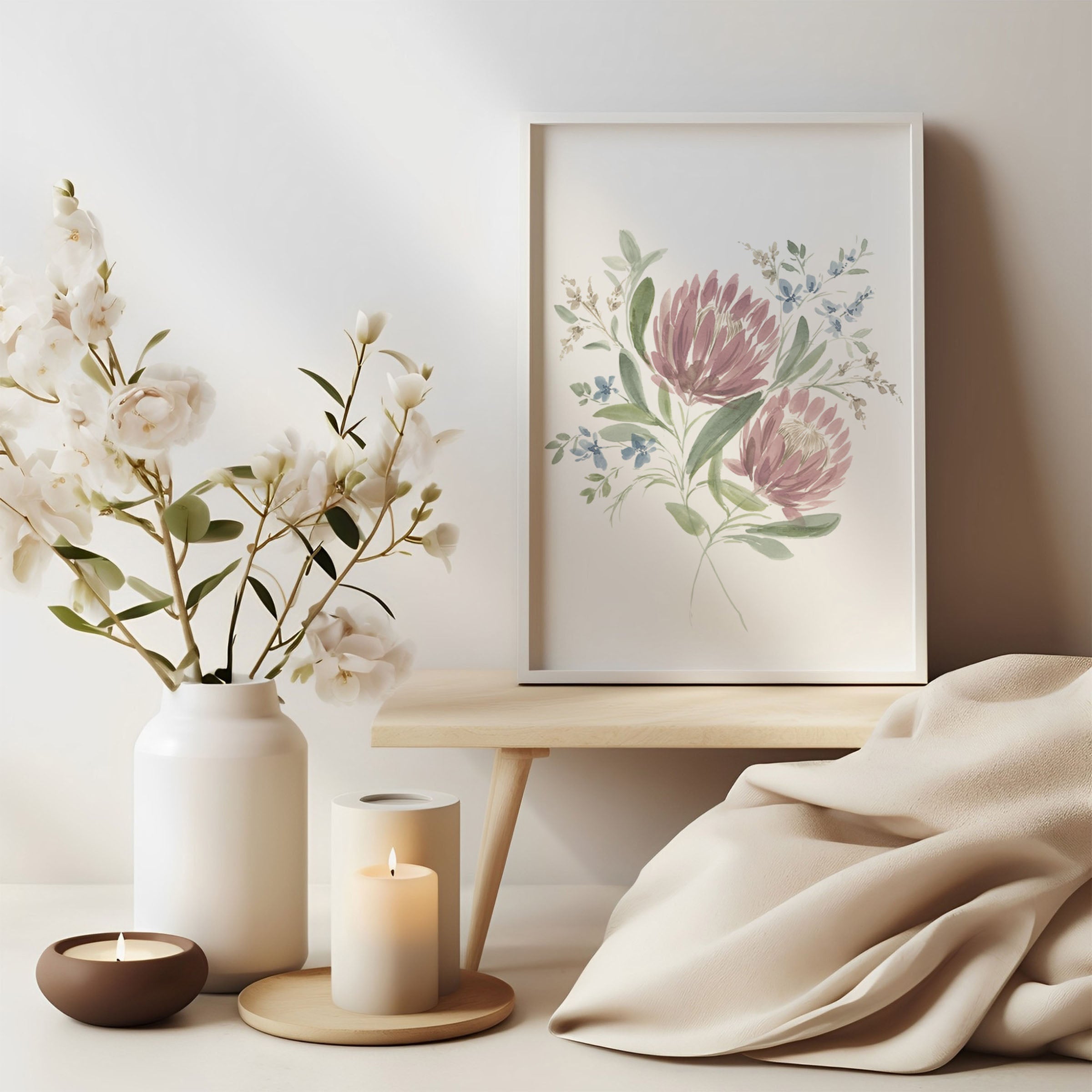 Serene watercolor pink and blue flower elegant white framed print