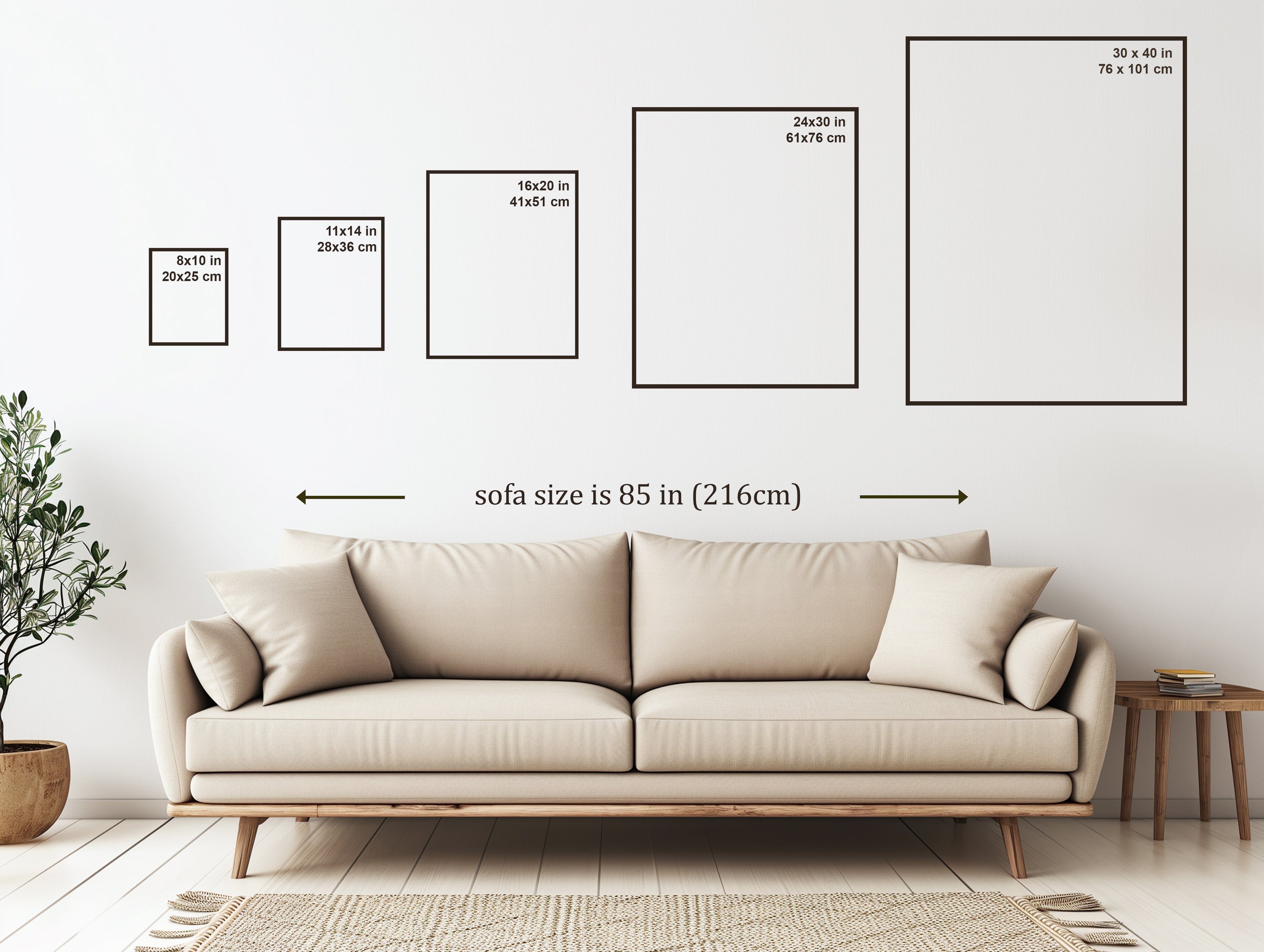 Size guide chart showing print dimensions and framing options for Beneath Quiet Power and other landscape prints