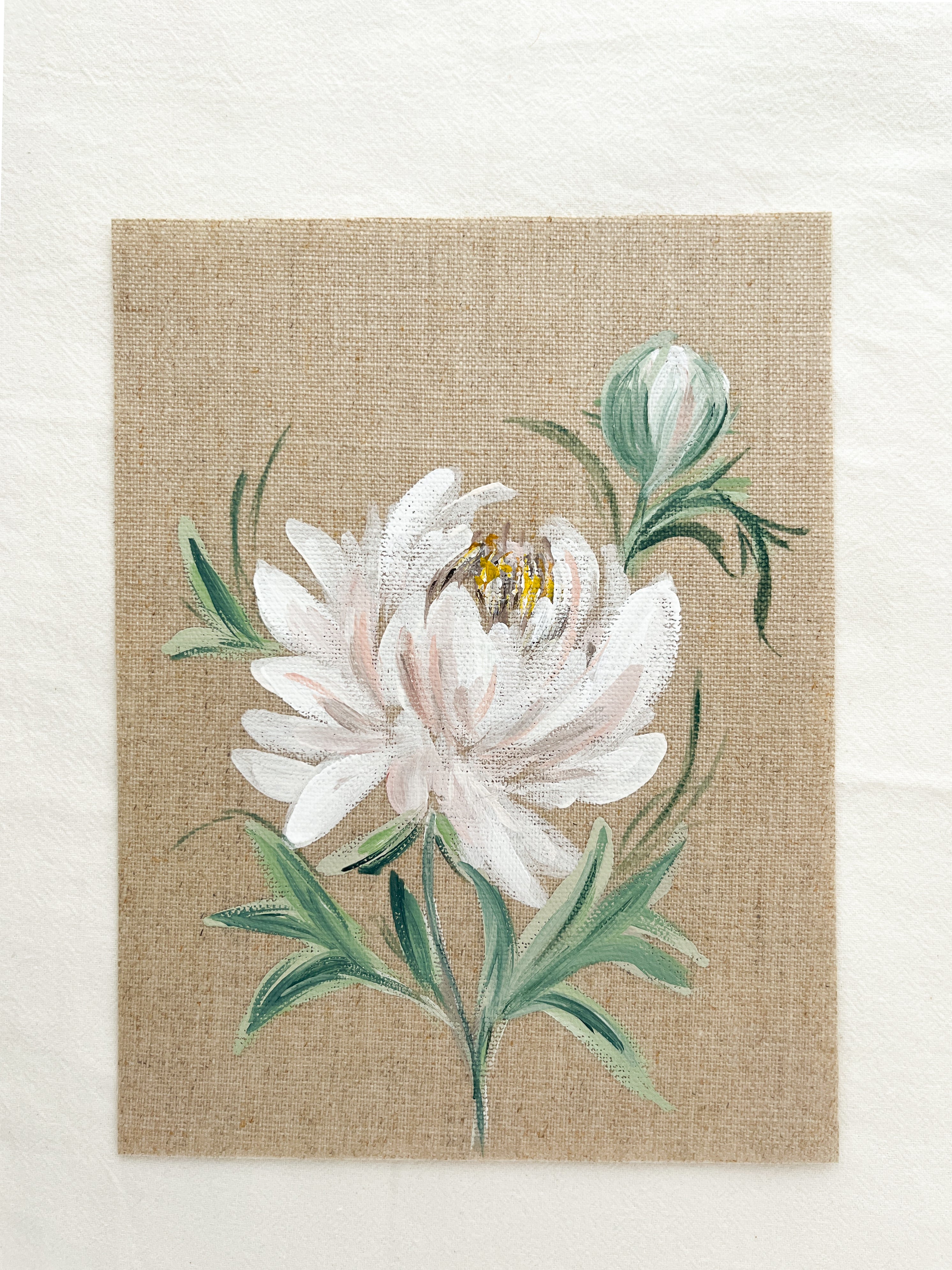 Close-up of Blossoming Grace peony watercolor painting by Trisha Patel, highlighting soft petals and fine botanical brushwork representing compassion and self-care.