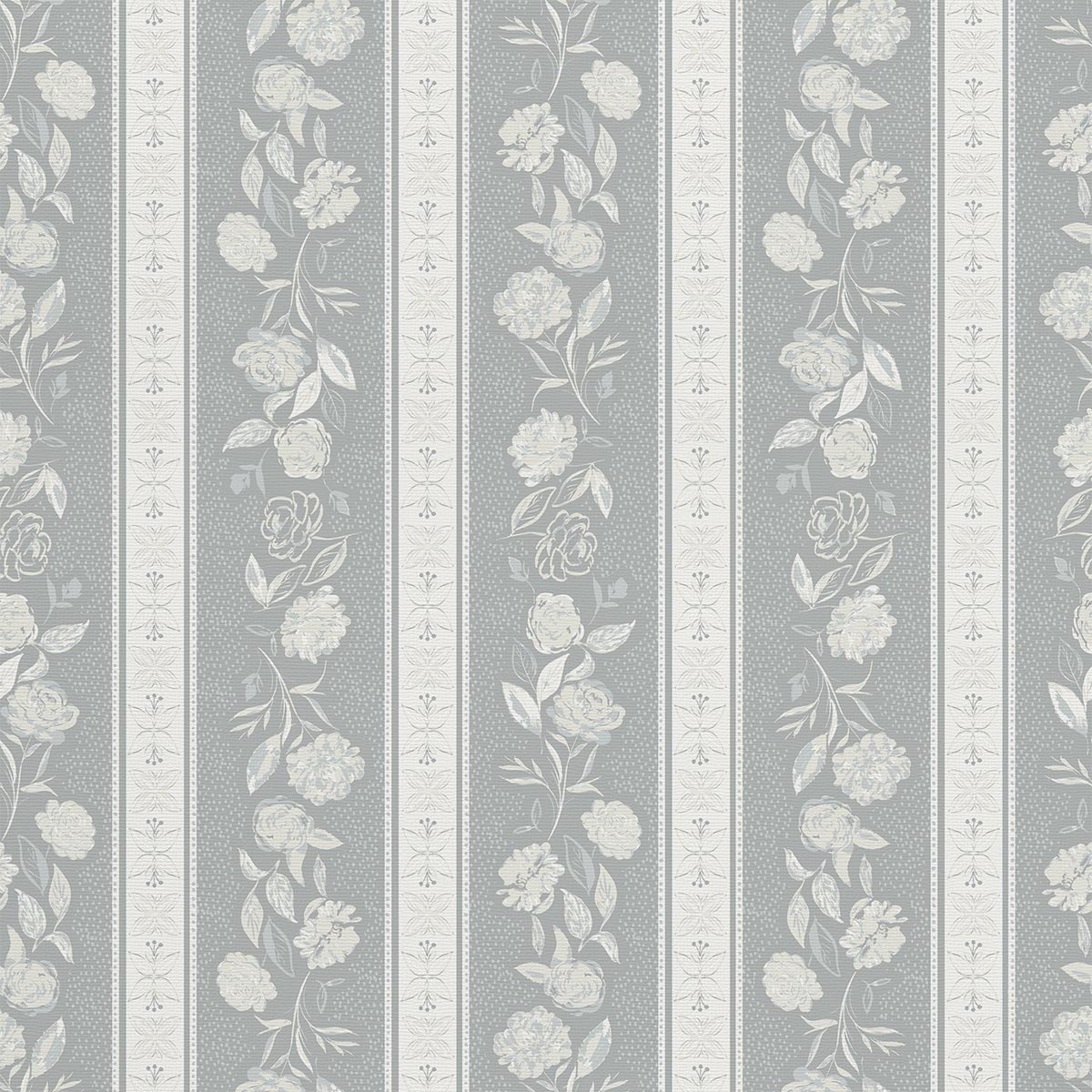 Close-up of  Kamelia wallpaper in Argentum by Trisha Patel with soft stripes and hand-drawn camellia flowers, high-quality floral wallcovering.
