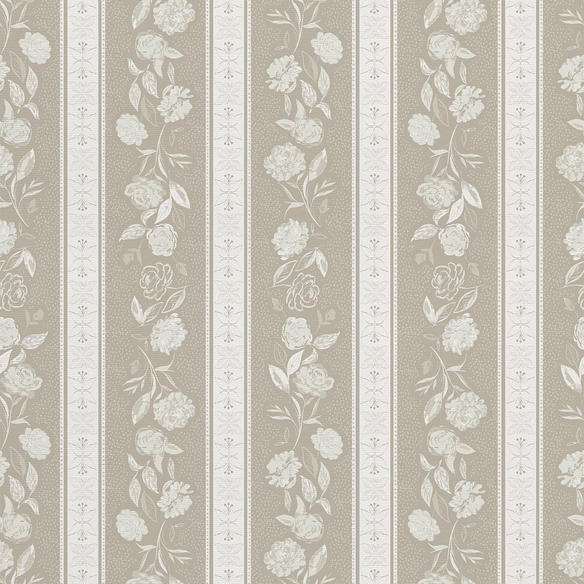 Close-up of  Kamelia wallpaper in Biscotti by Trisha Patel with soft stripes and hand-drawn camellia flowers, high-quality floral wallcovering.