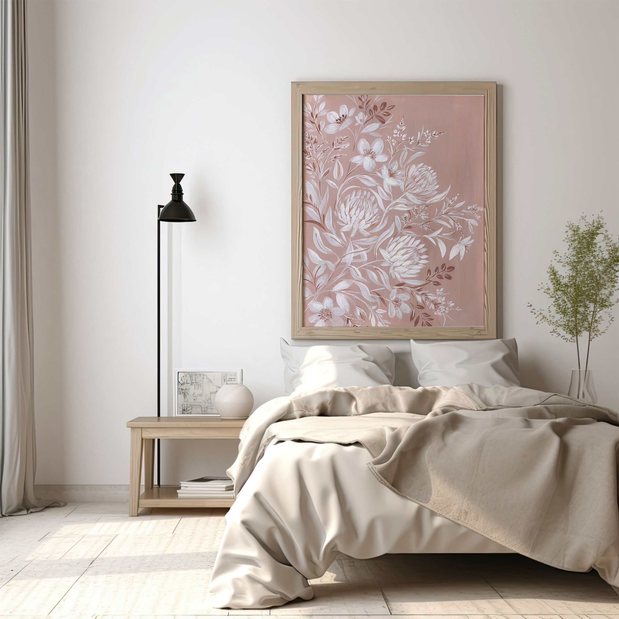 print in elegant frame displayed in serene bedroom setting with natural decor