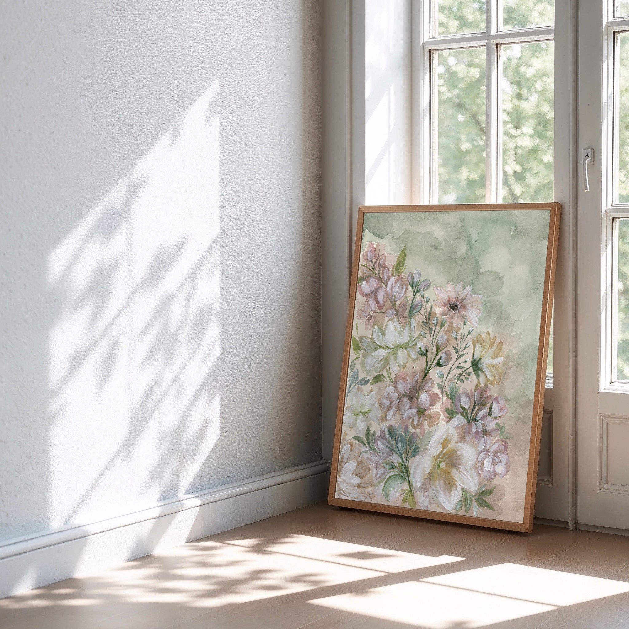 Framed Flourish in Light print displayed against window with natural light highlighting vibrant floral colors