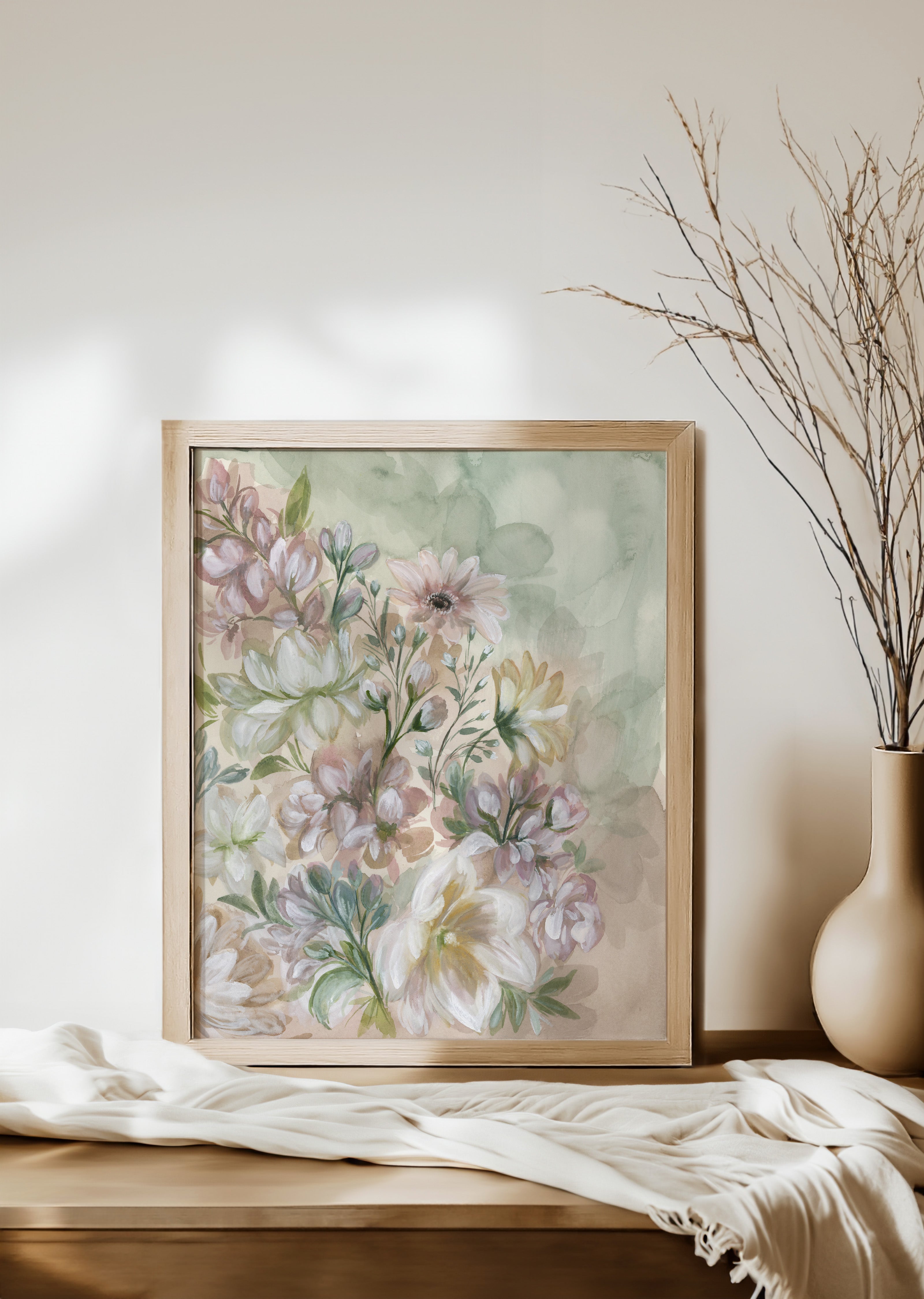 Flourish in Light print in elegant frame displayed in bright modern interior showcasing colorful floral arrangement
