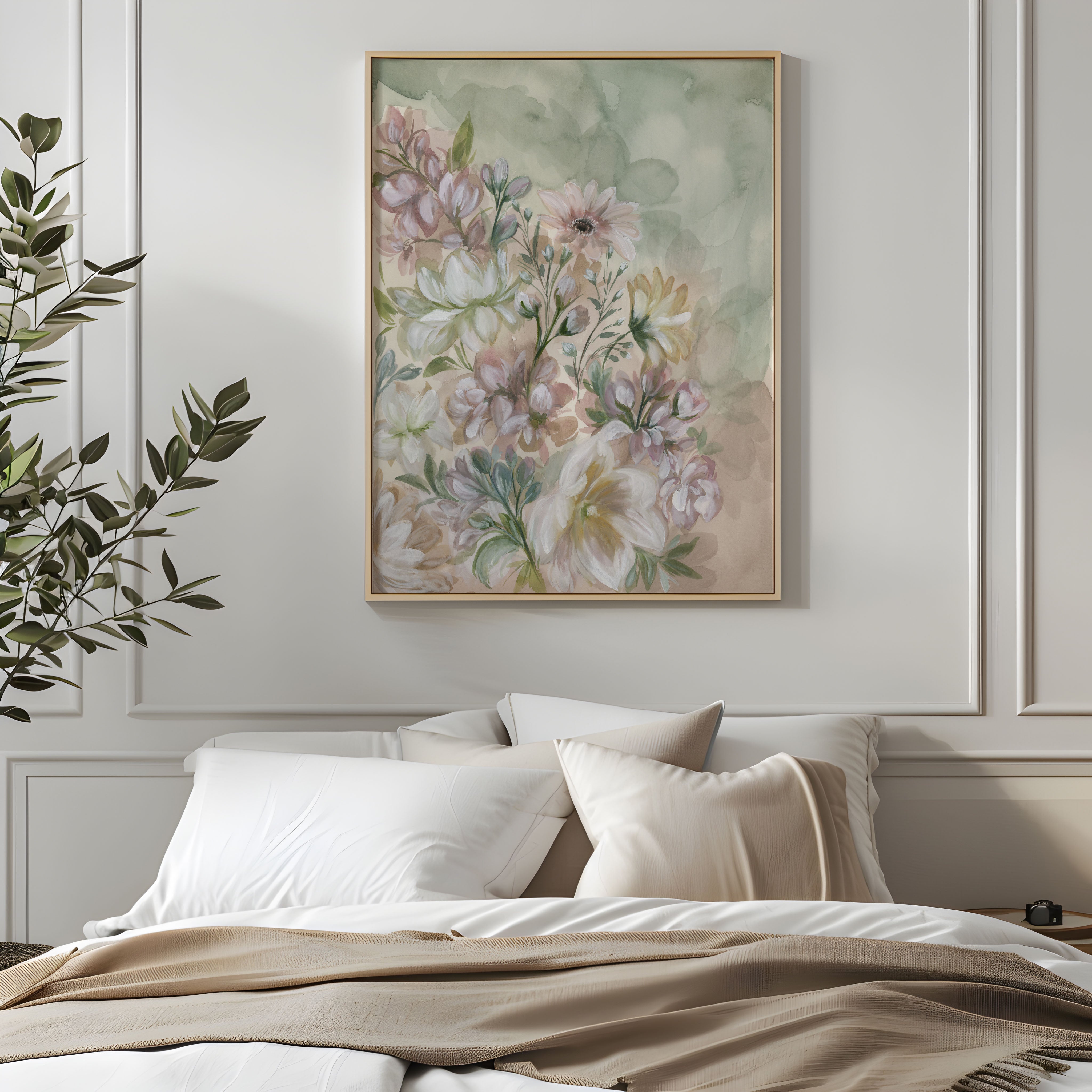 Close-up of Flourish in Light watercolor showing detailed tulips, delphiniums and gerbera daisies in vibrant colors