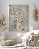 Flourish in Light print in white frame displayed on shelf with complementary home decor items in bright setting