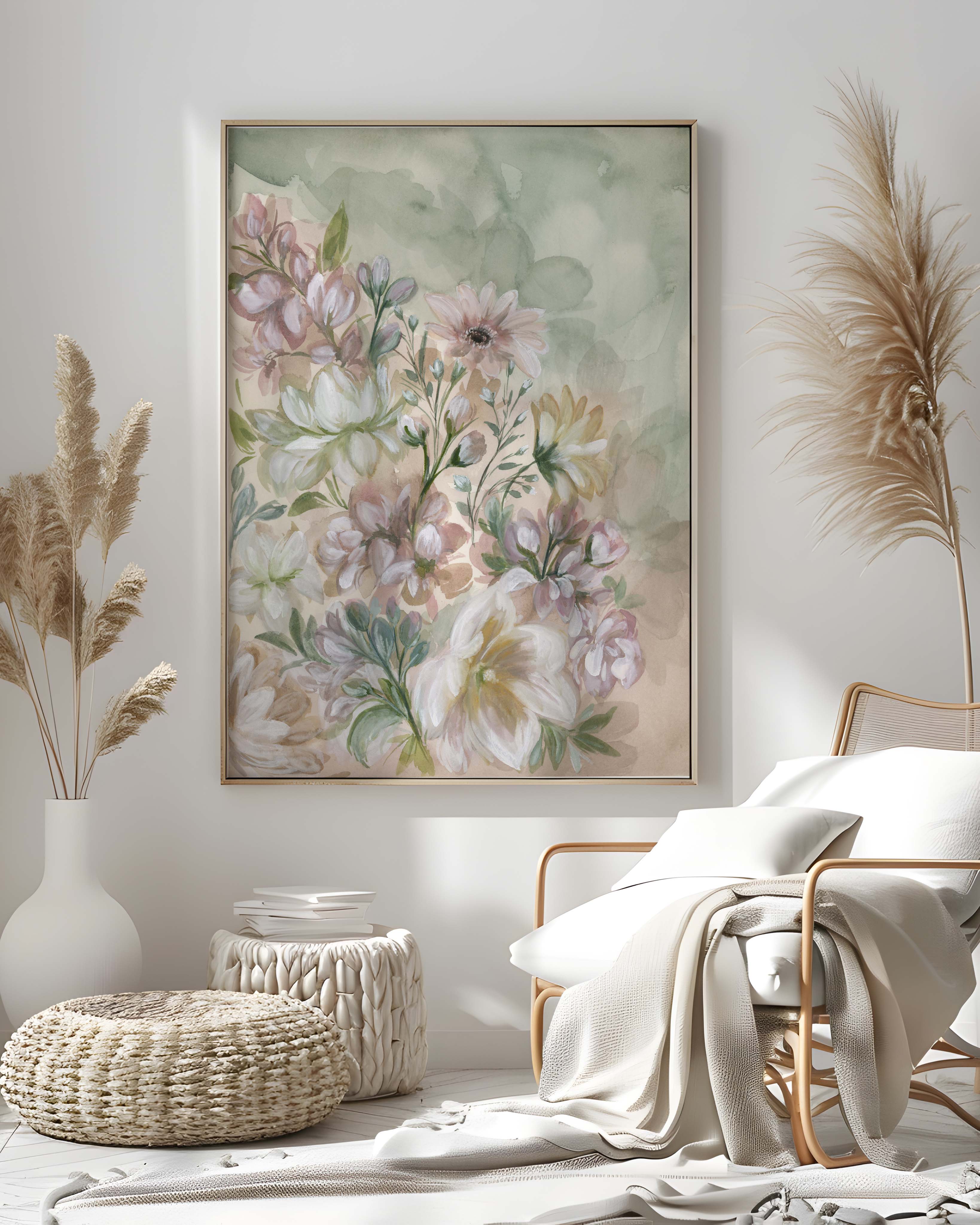 Flourish in Light print in white frame displayed on shelf with complementary home decor items in bright setting