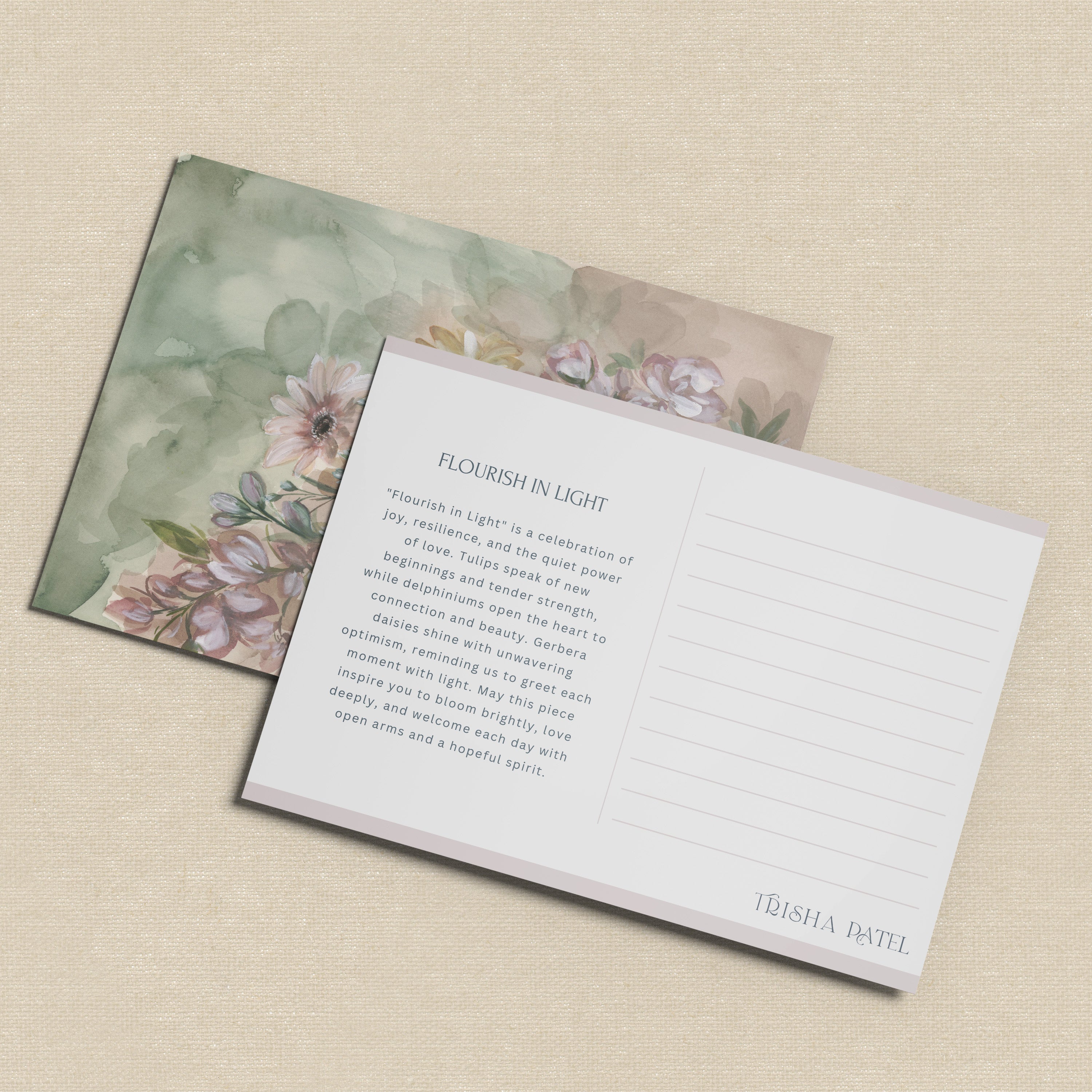 Postcard of Flourish in Light watercolor showing joyful floral composition with tulips and delphiniums
