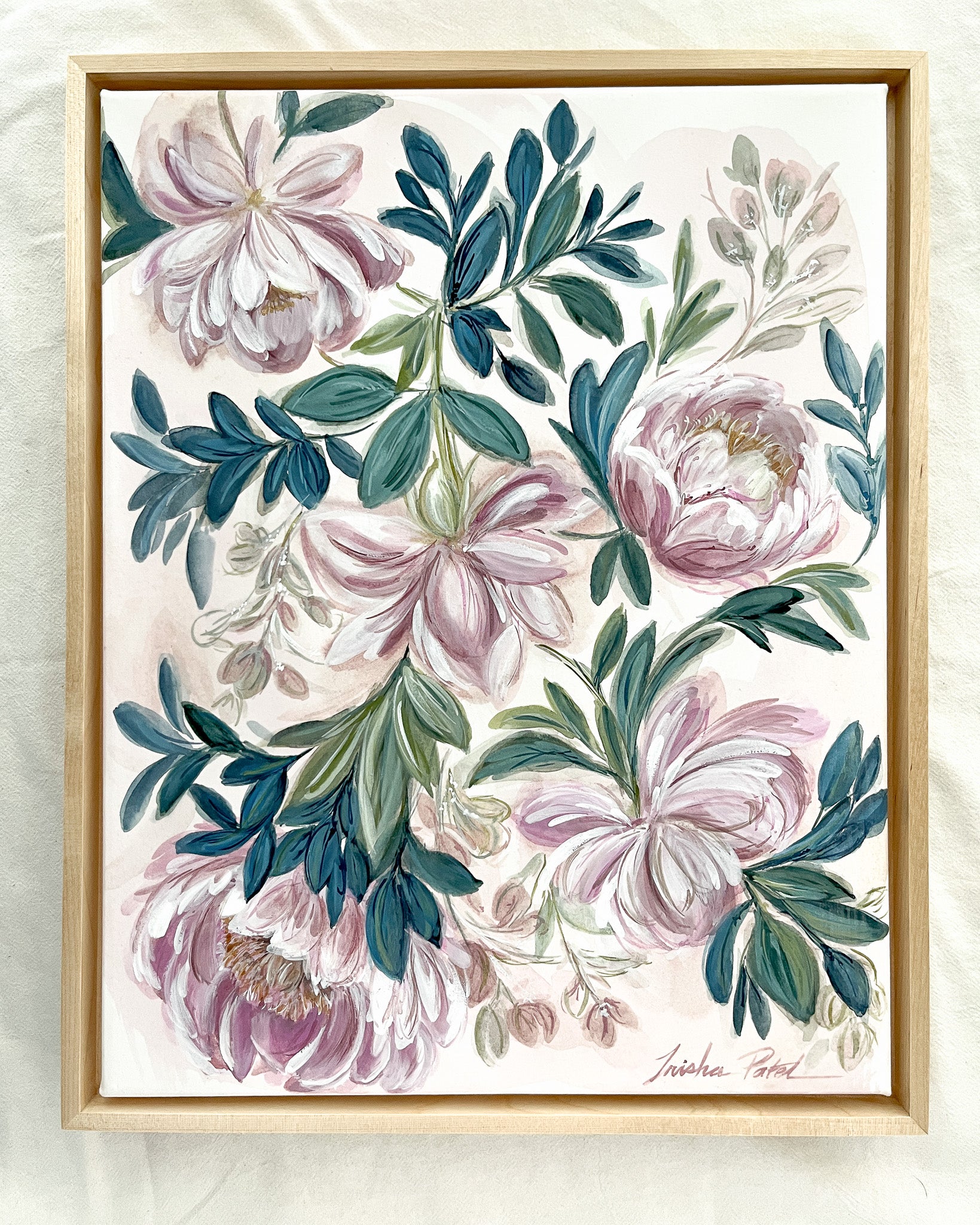 In Her Stillness by Trisha Patel, original watercolor painting featuring a rose and peony symbolizing women’s love, grace, compassion, and unwavering strength, botanical art in simple maple floater frame