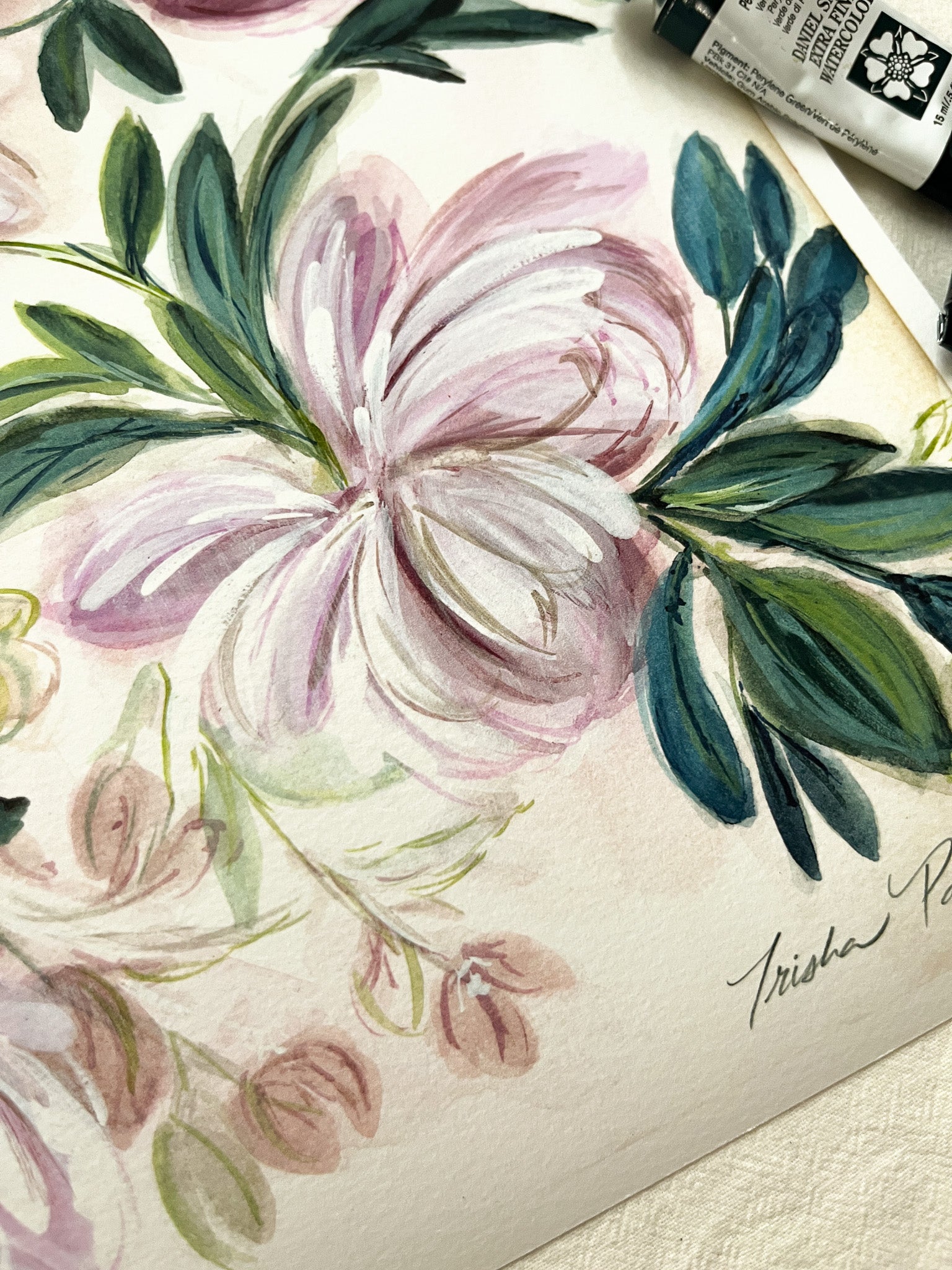 Floral watercolor painting with pink flowers and green leaves on a textured surface.