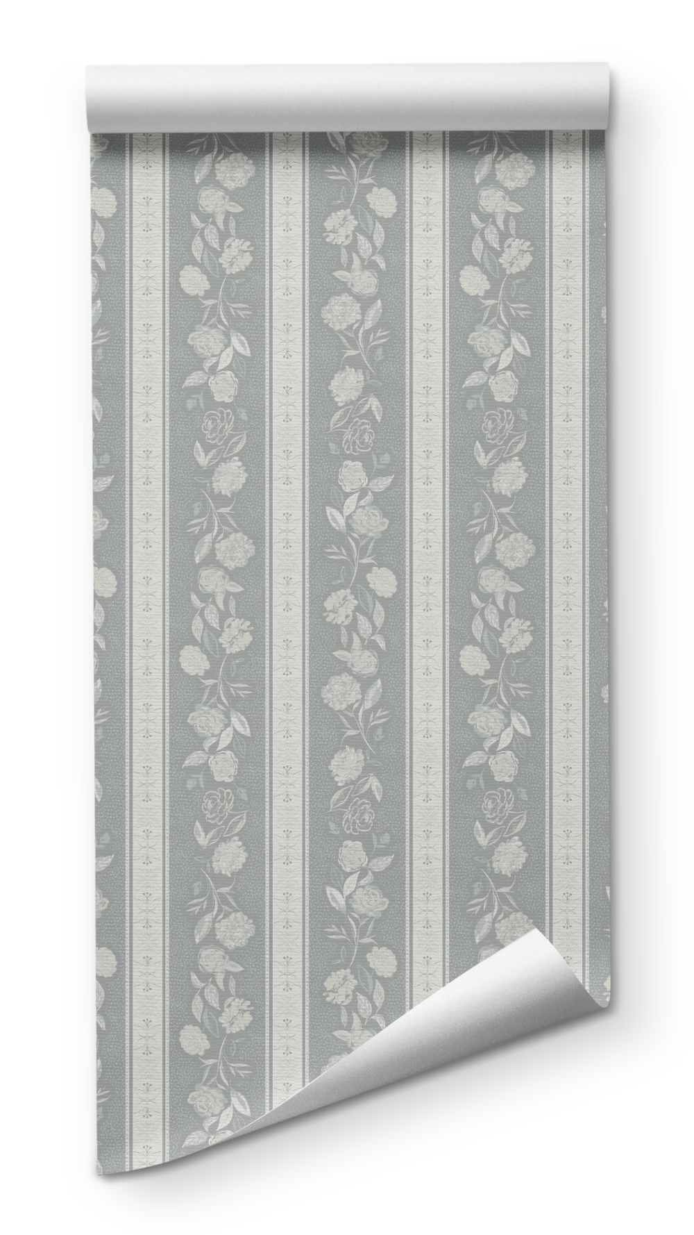 Kamelia in Argentum wallpaper by Trisha Patel, botanical wallcovering design featuring soft stripes and hand-drawn camellia flowers in warm tones, symbolizing grace, quiet strength, and inner beauty.
