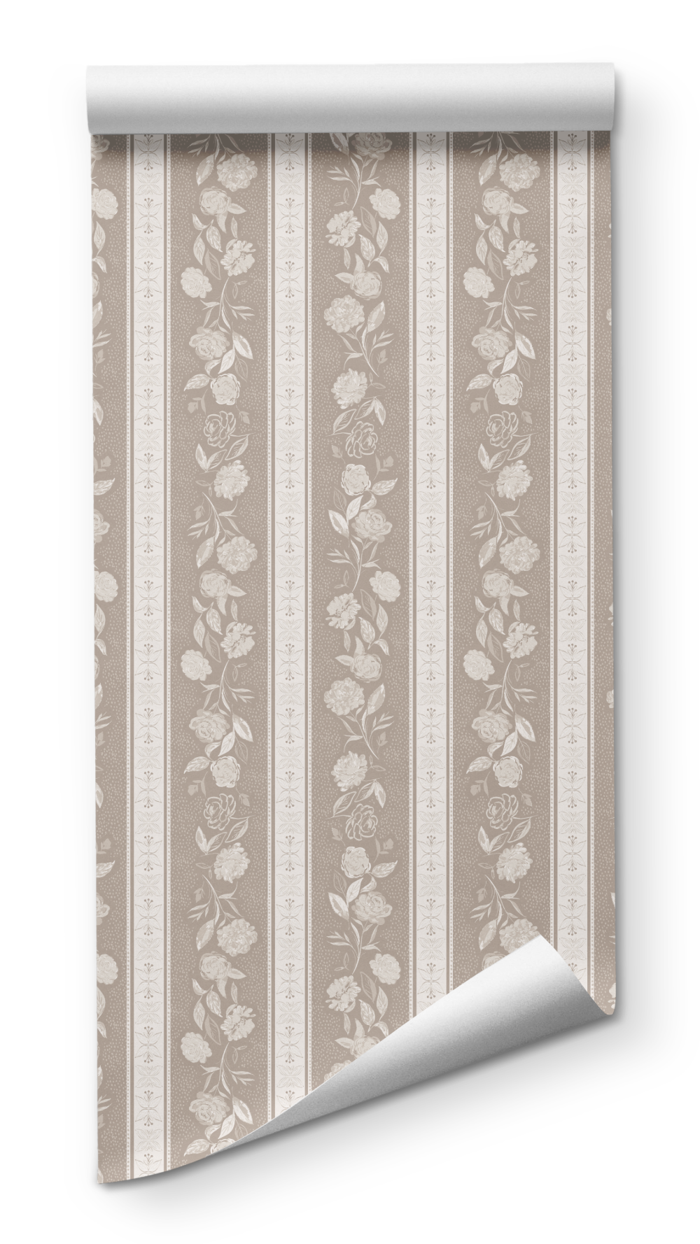 Kamelia in Ballet Slipper wallpaper by Trisha Patel, botanical wallcovering design featuring soft stripes and hand-drawn camellia flowers in warm tones, symbolizing grace, quiet strength, and inner beauty