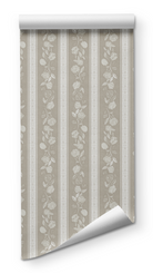 Kamelia in Biscotti wallpaper by Trisha Patel, botanical wallcovering design featuring soft stripes and hand-drawn camellia flowers in warm tones, symbolizing grace, quiet strength, and inner beauty