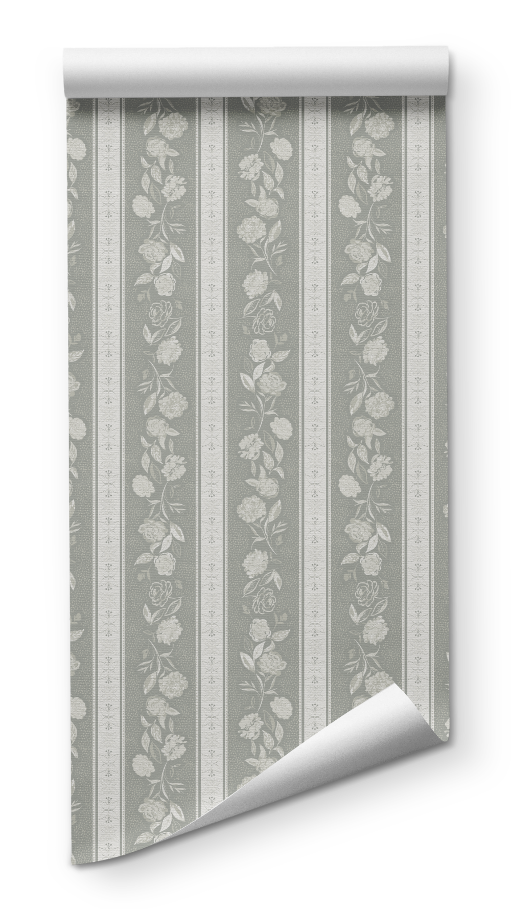 Kamelia in Sagewood wallpaper by Trisha Patel, botanical wallcovering design featuring soft stripes and hand-drawn camellia flowers in serene tones, symbolizing grace, quiet strength, and inner beauty.