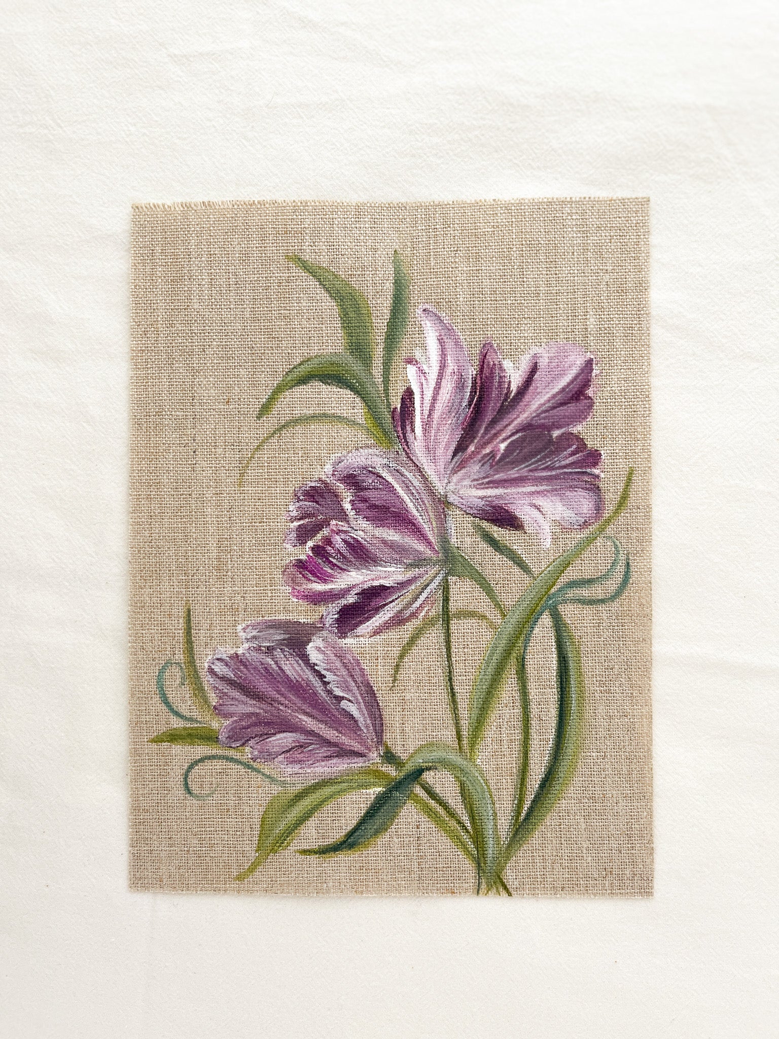 Detail view of Mystic Bloom watercolor tulip painting by Trisha Patel, showing brushwork and rich purple petal textures