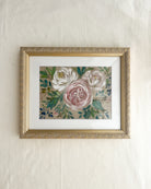 Rooted in Grace by Trisha Patel, original watercolor painting of a vibrant pink rose with botanical symbolism, framed in subtly distressed champagne gold-tone metal with delicate embossed floral detailing