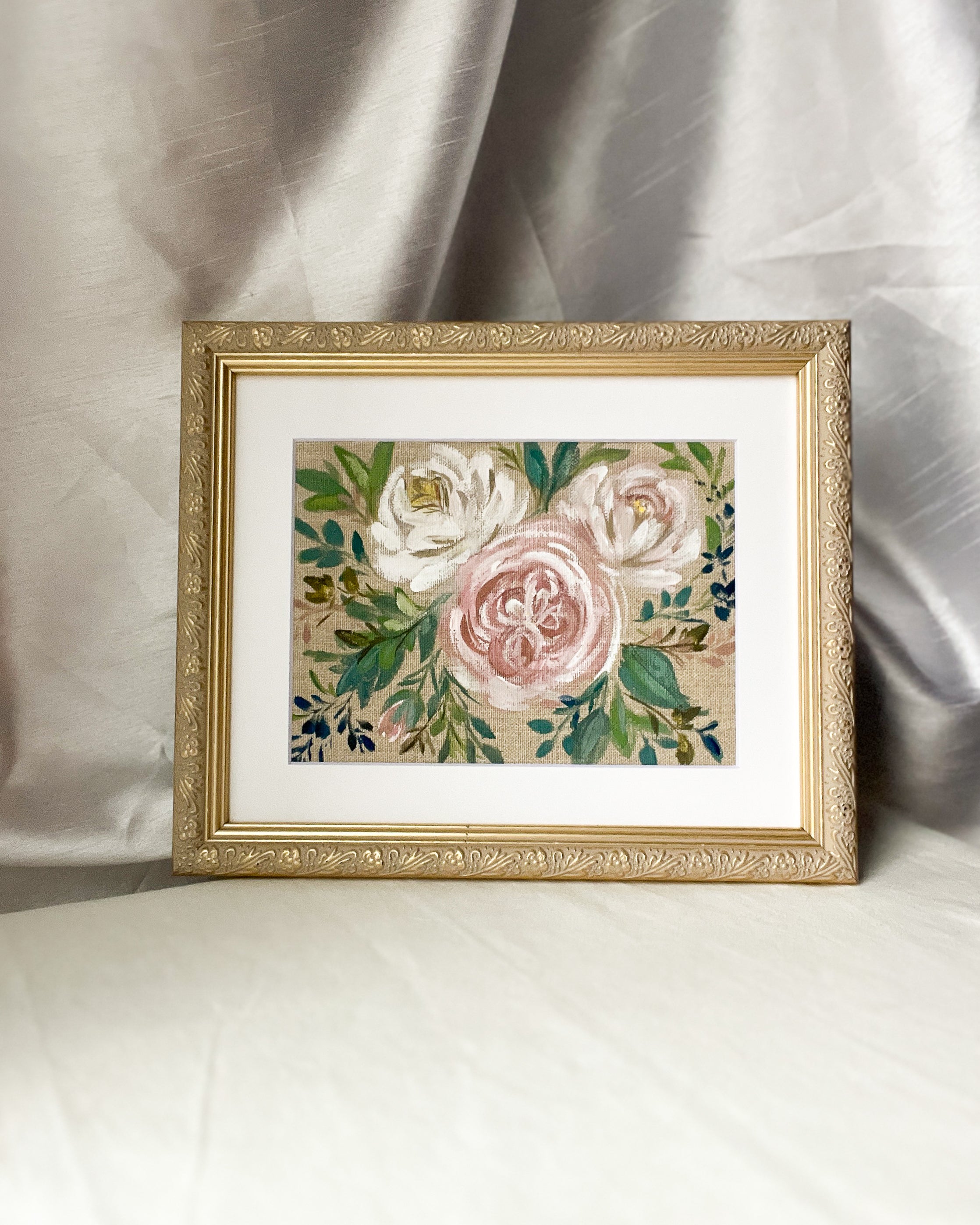Rooted in Grace botanical watercolor art by Trisha Patel  framed in textured champagne gold-tone metal 