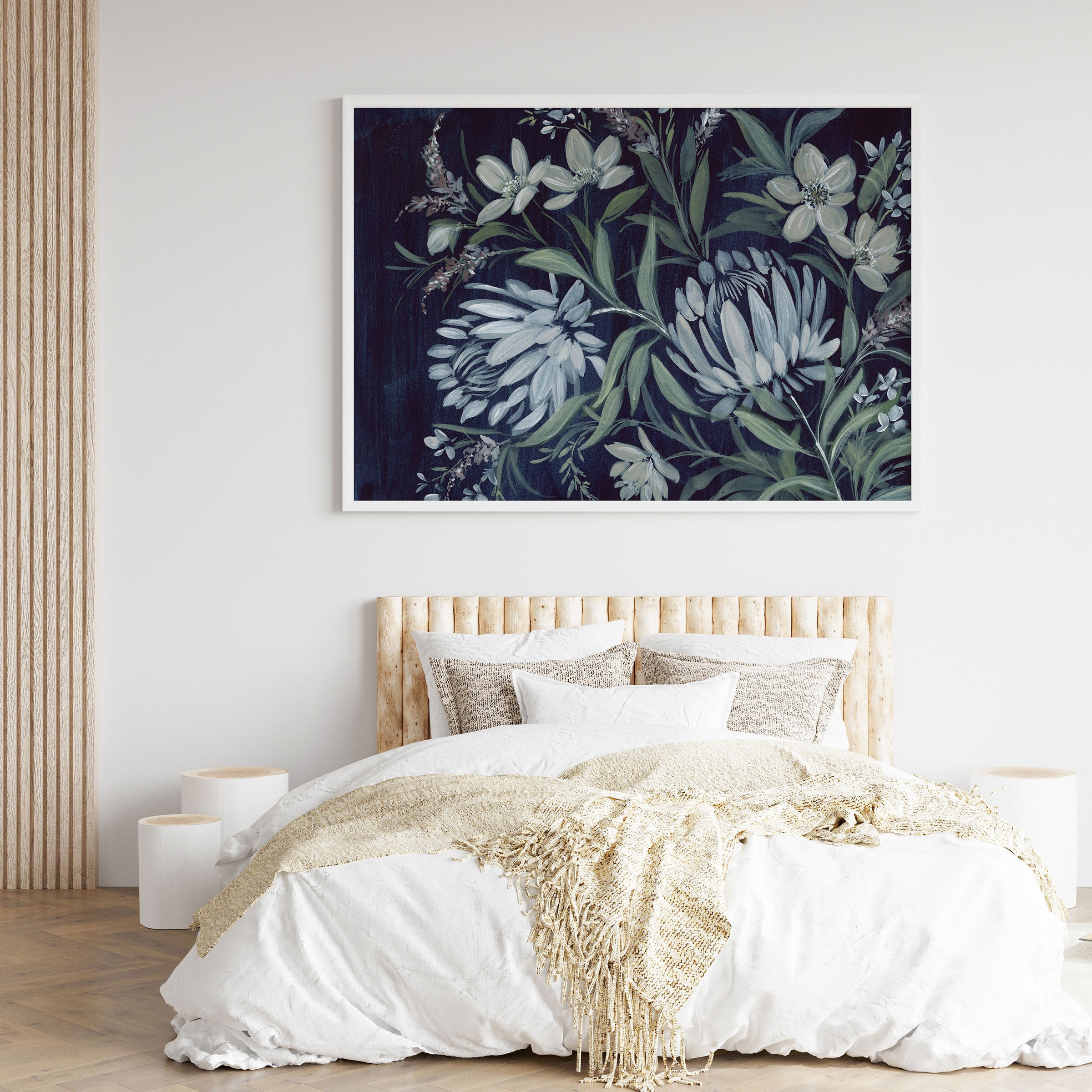 White Framed print of Dramatic watercolor landscape with silhouetted trees against moody sky symbolizing strength through adversity