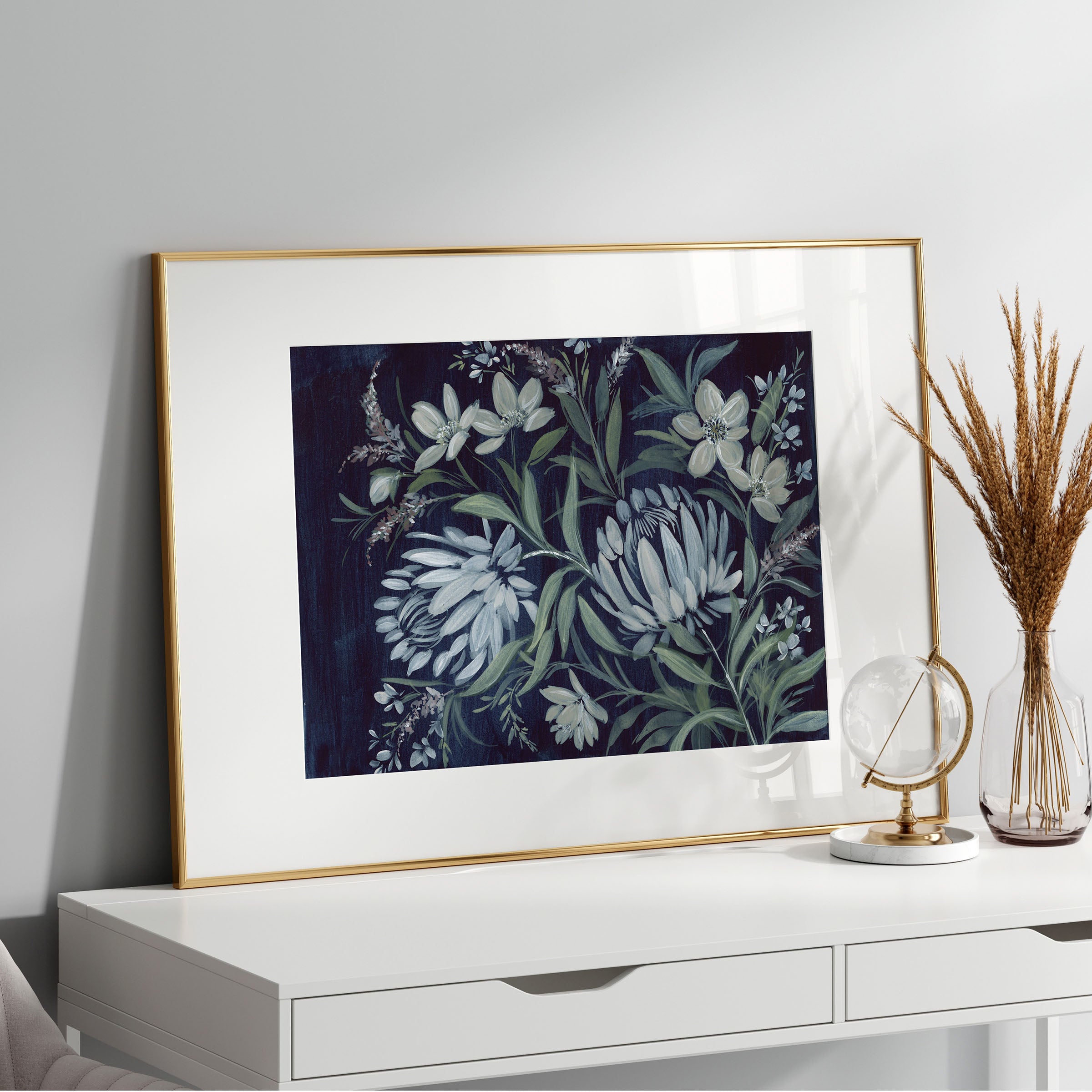 Framed Shadows of Resilience landscape print showcased in modern living room with minimalist furniture