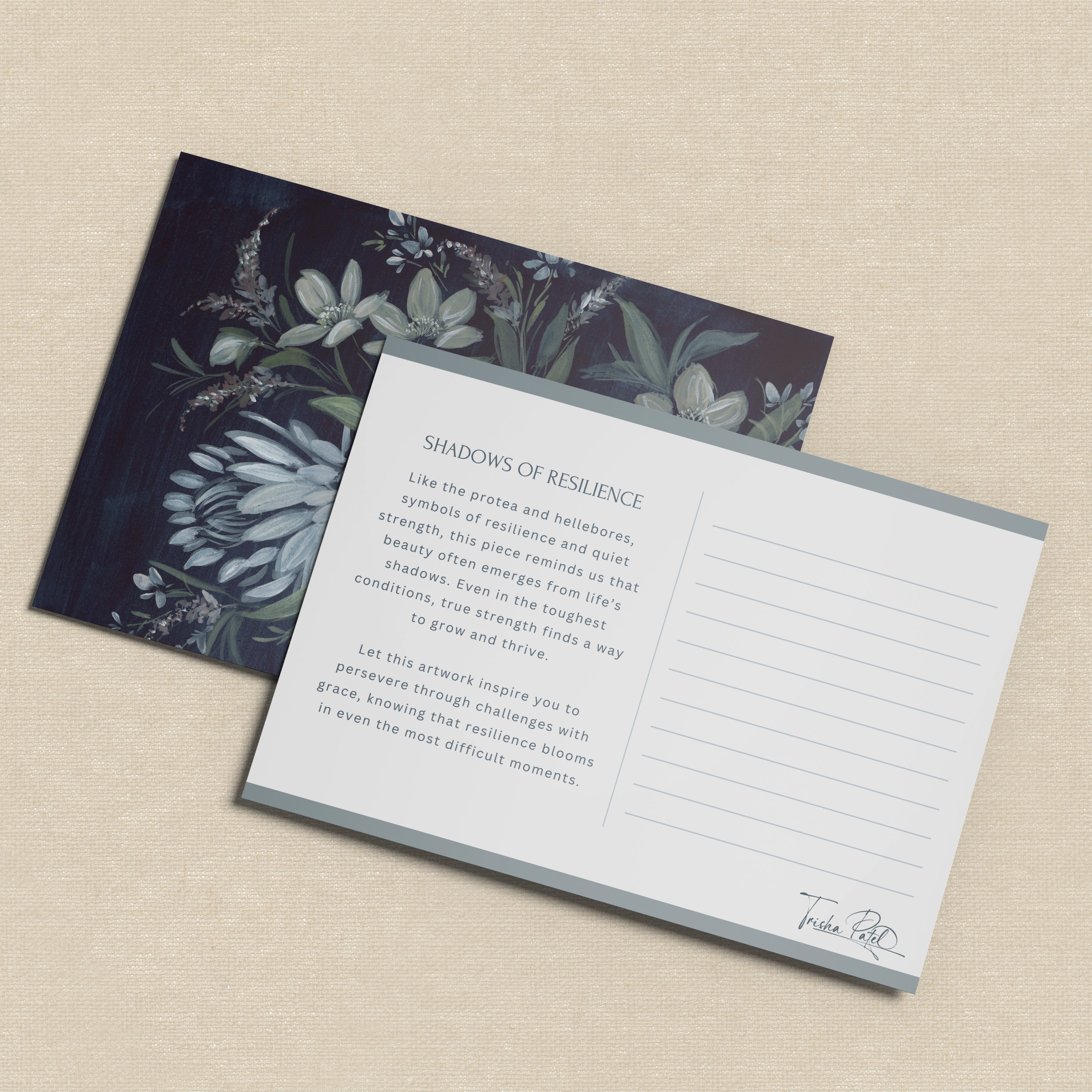 postcard of Original Shadows of Resilience watercolor showing powerful contrast between dark trees and luminous sky