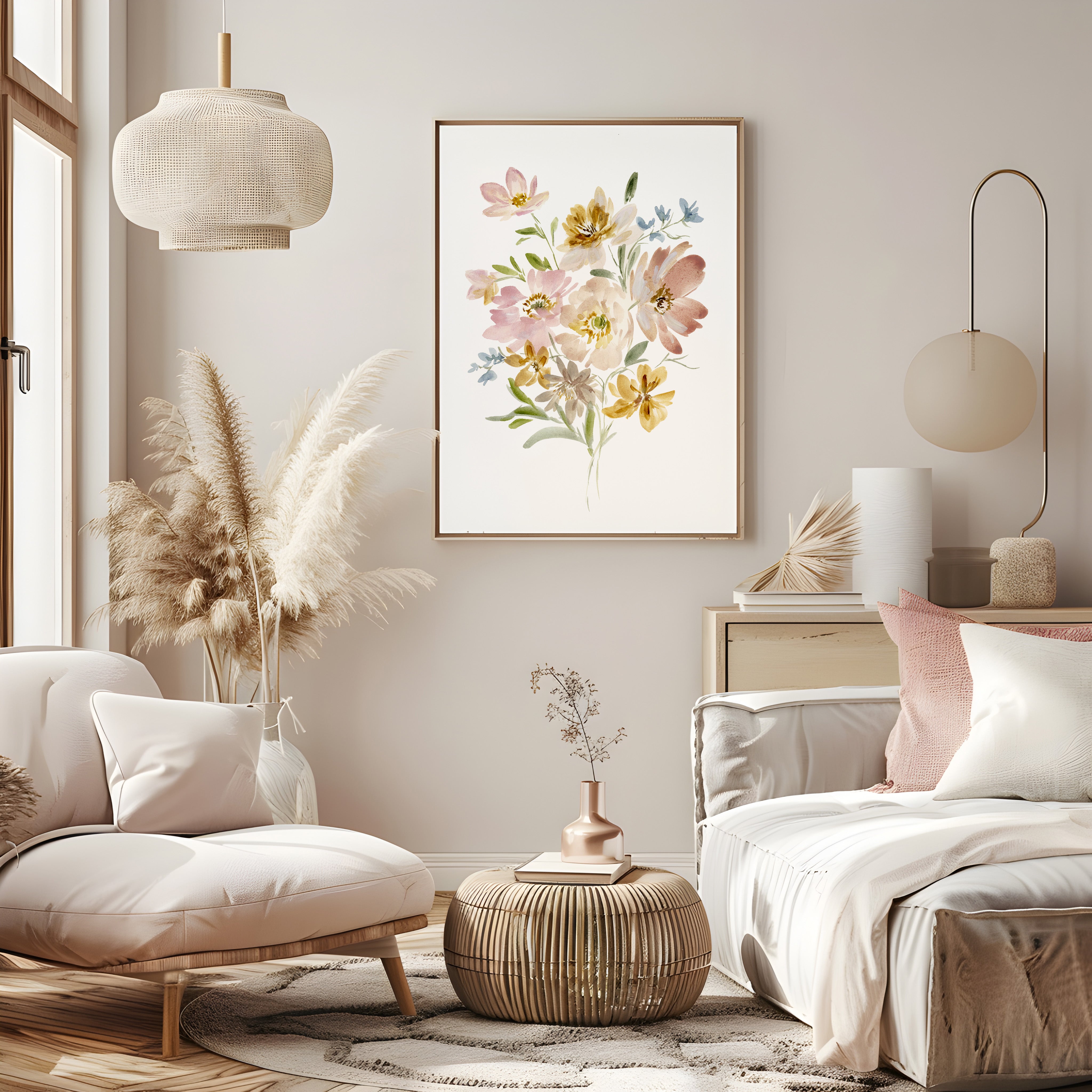 Elegant framed print of Golden watercolor landscape with sunlit trees and warm reflections on water symbolizing peace, balance and natural beauty 