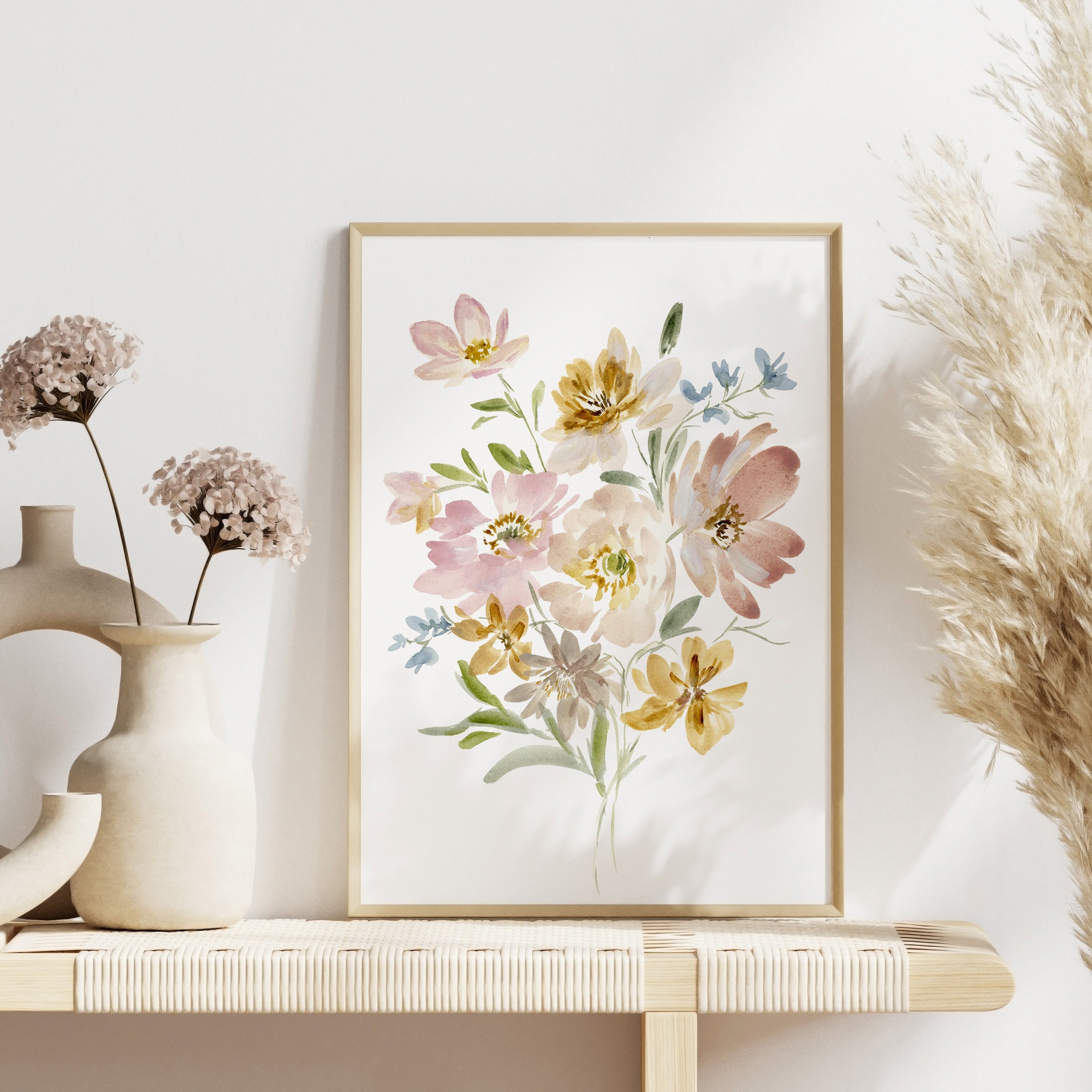 Close-up of Sunlit Harmony watercolor showing detailed golden trees and reflections with luminous artistic technique