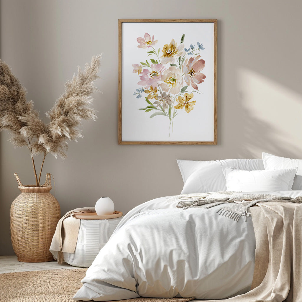 Sunlit Harmony print displayed in white frame on shelf with decorative items showing warm golden landscape colors