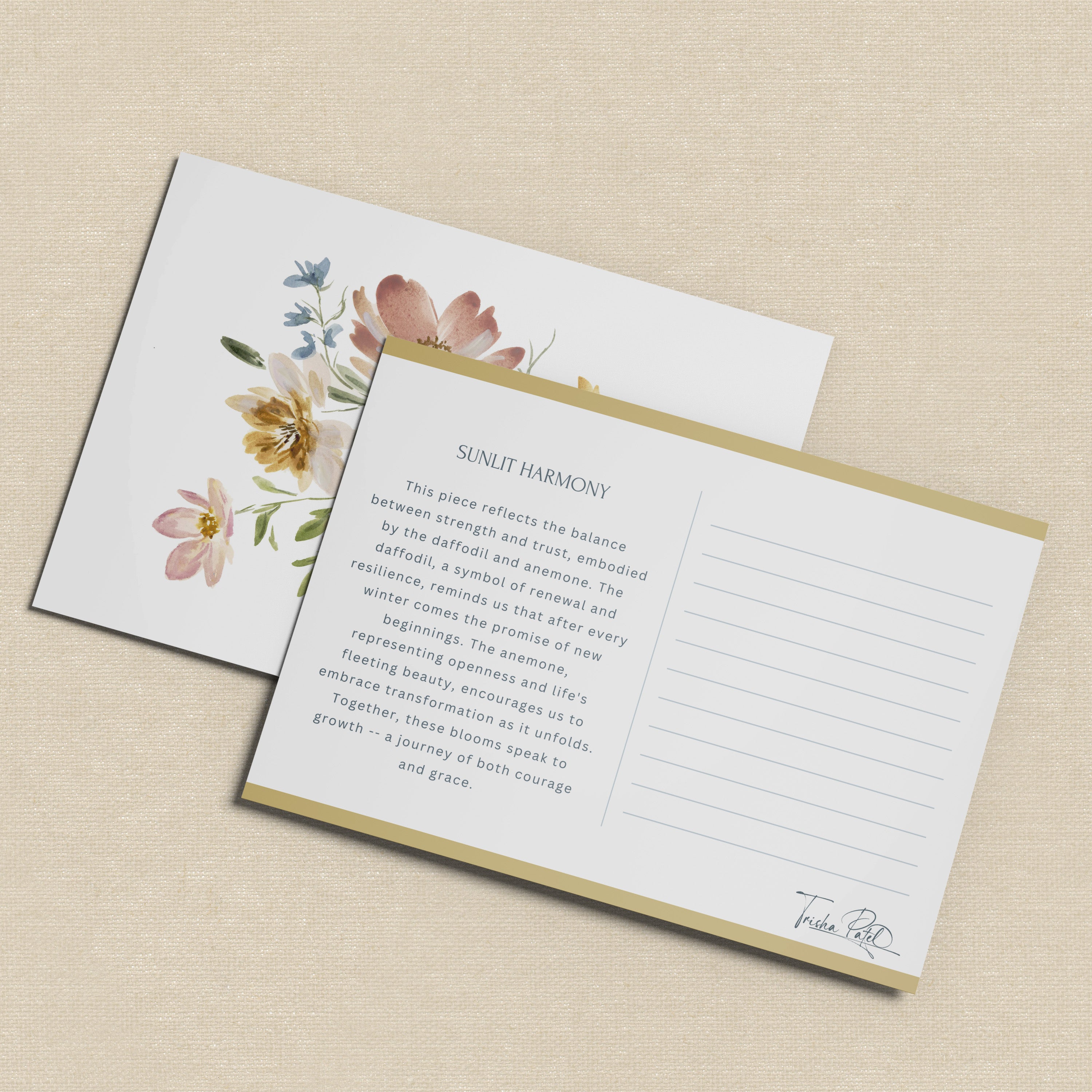 Postcard of Original Sunlit Harmony watercolor landscape featuring golden trees and peaceful water reflections in warm light