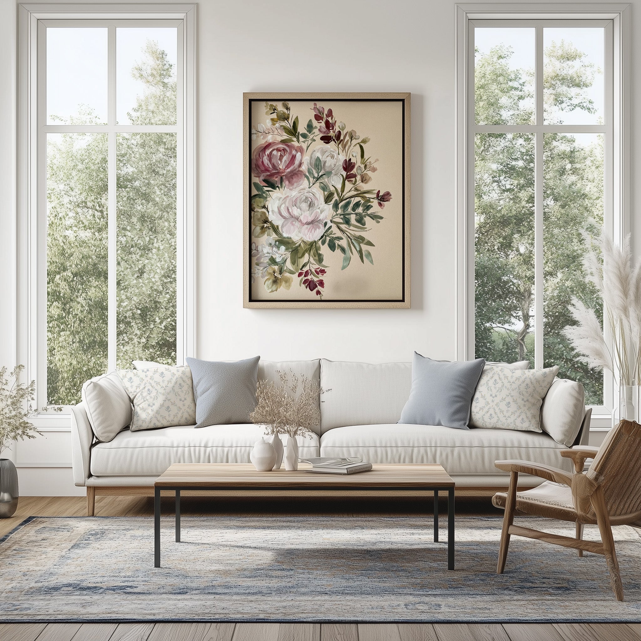Artwork on wall between windows and sofa below - Whispers of Strength by Trisha Patel