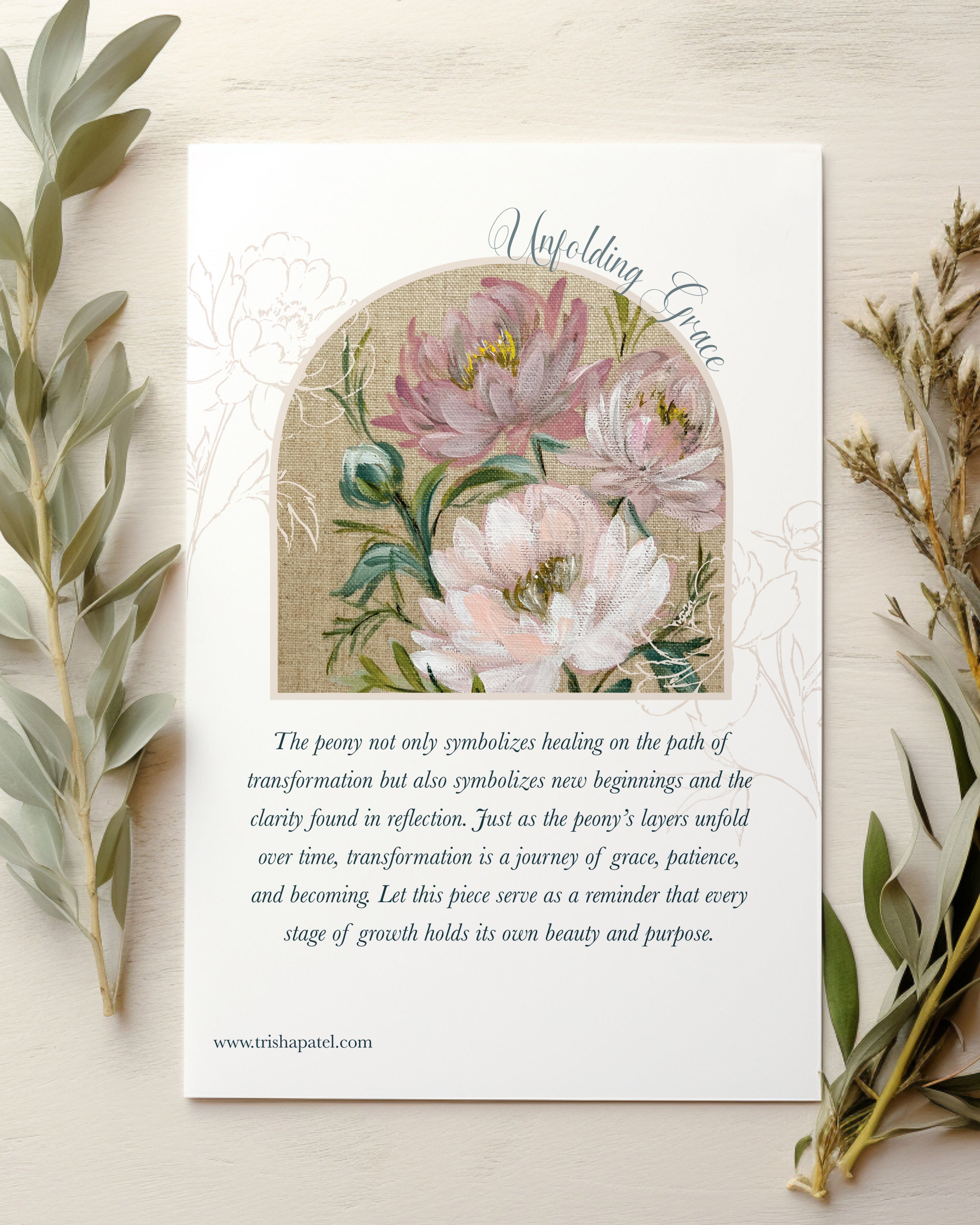 Different shades of pink peony flowers showing layered petals and gentle artistic brushstrokes with description of symbolism