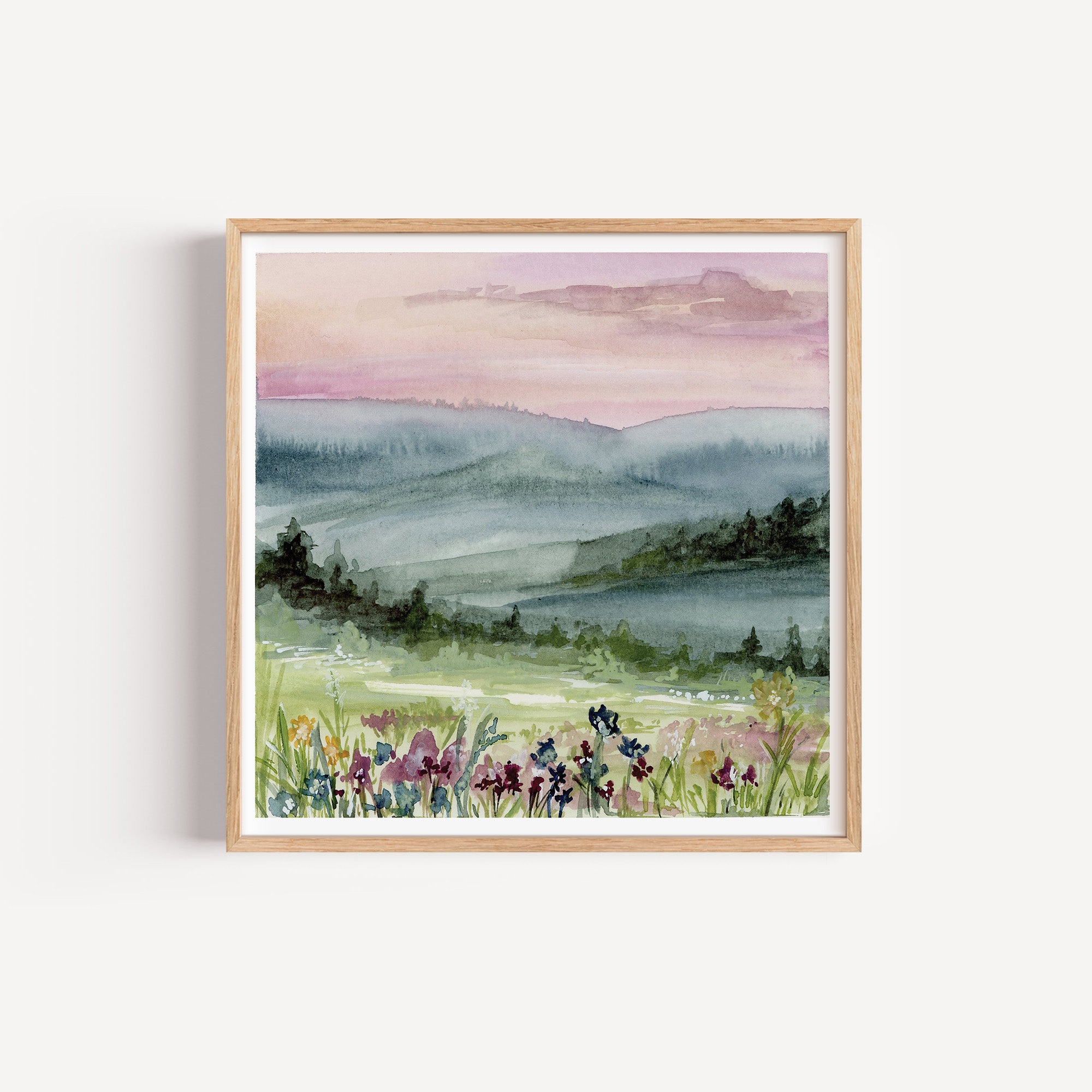 Serene watercolor landscape with soft pink and purple dawn sky reflecting on calm water with silhouetted trees